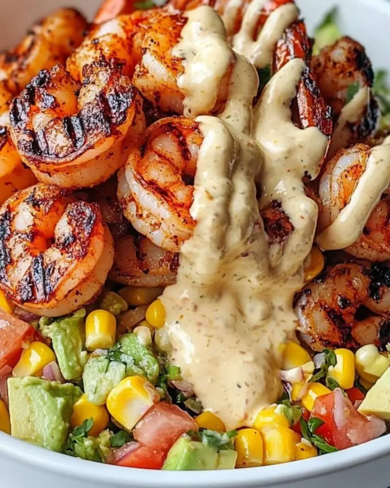 Grilled Shrimp Bowl with Avocado, Corn Salsa & Creamy Garlic Sauce Recipe
