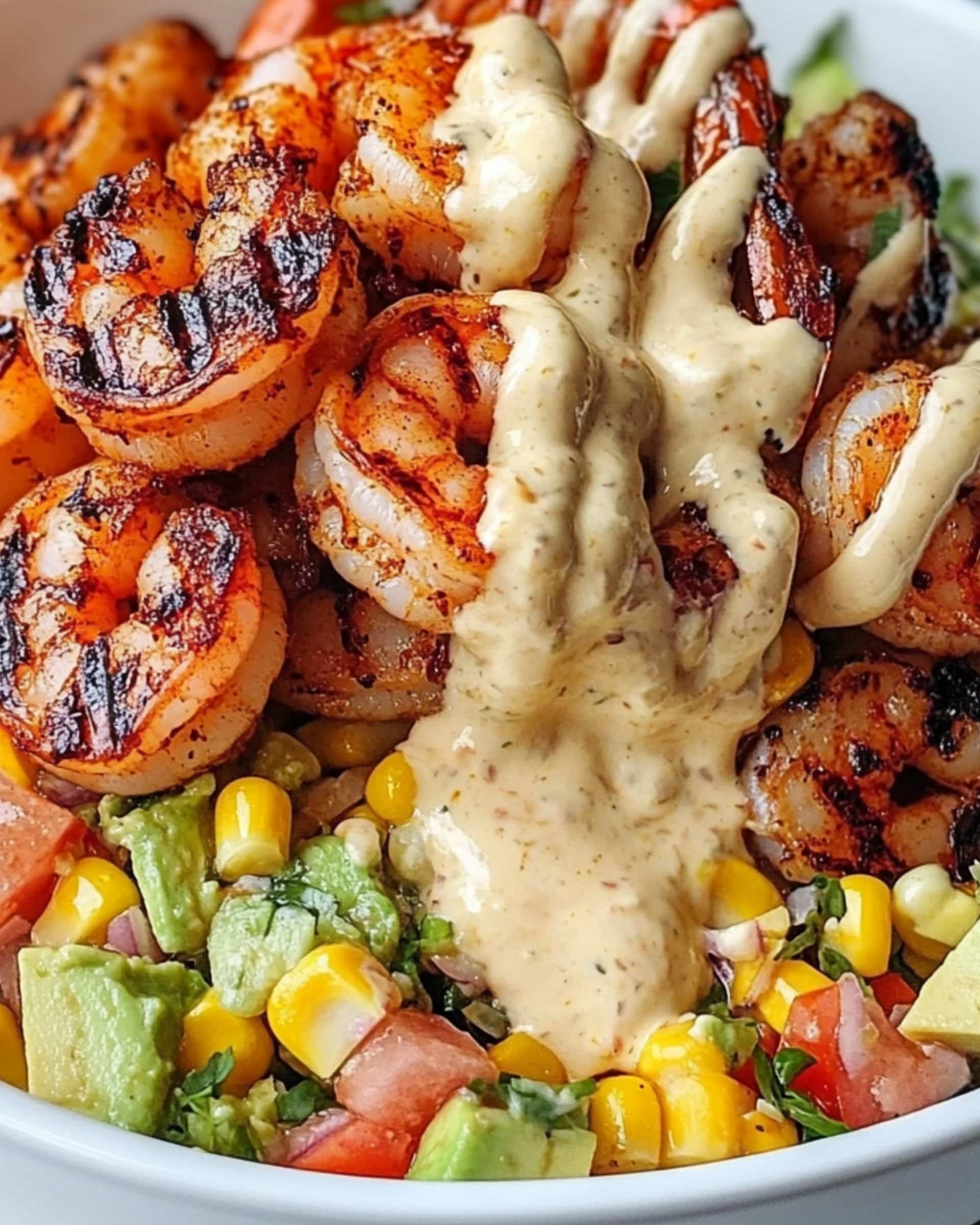 Grilled Shrimp Bowl with Avocado, Corn Salsa & Creamy Garlic Sauce Recipe