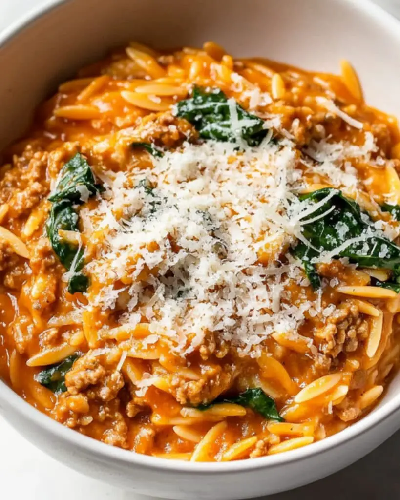 Ground Beef Orzo with Tomato Cream Sauce Recipe