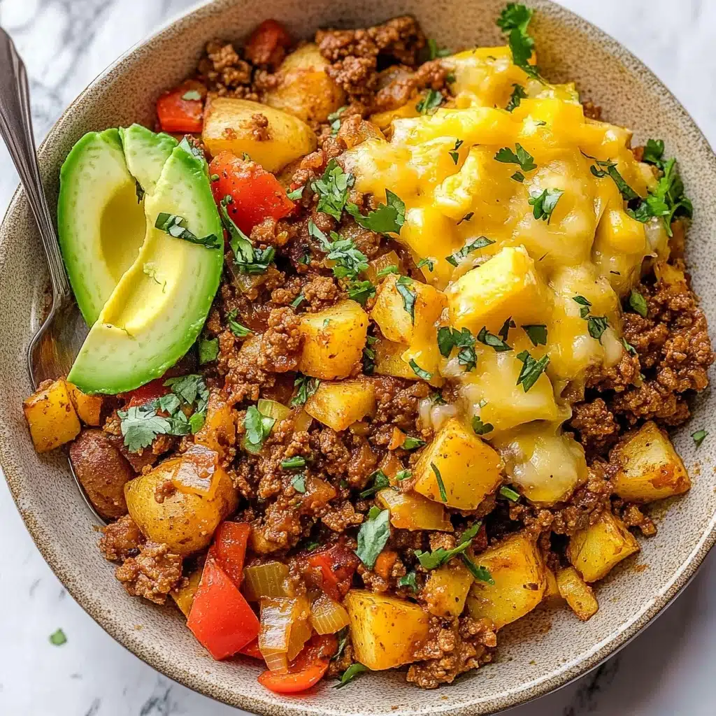 Mexican Ground Beef and Potato Skillet, Mexican beef and potato skillet, quick Mexican ground beef recipe, hearty beef and potato dinner, easy Mexican skillet meal This image shows a close-up of a beige bowl filled with a colorful ground meat and vegetable mix. The dish has three main layers: the first is a base of cooked brown ground meat mixed with soft yellow potato cubes; the second layer is small pieces of red bell pepper and translucent cooked onions spread evenly throughout; the top layer has melted yellow cheese chunks and fresh green cilantro leaves sprinkled for garnish. On one side of the bowl, there are thin slices of bright green avocado layered neatly on top of each other. The bowl sits on a white marbled surface, and a spoon with a curved handle is partly visible on the left edge.
