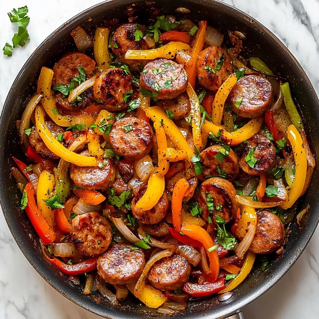 Sausage and Peppers Skillet, quick sausage and peppers, easy sausage skillet, flavorful sausage and peppers dish, weeknight sausage dinner The image shows a close-up of cooked sausage slices mixed with thin strips of red, yellow, and orange bell peppers and translucent cooked onion slices, all tossed together. The sausage pieces are browned with a slightly crispy texture around the edges, and the peppers are soft but still hold their bright colors. There are small green garnish pieces, like chopped green onions and parsley, scattered on top, adding fresh green touches. The food appears shiny with light oil and black pepper seasoning sprinkled throughout. The background is a white marbled texture.