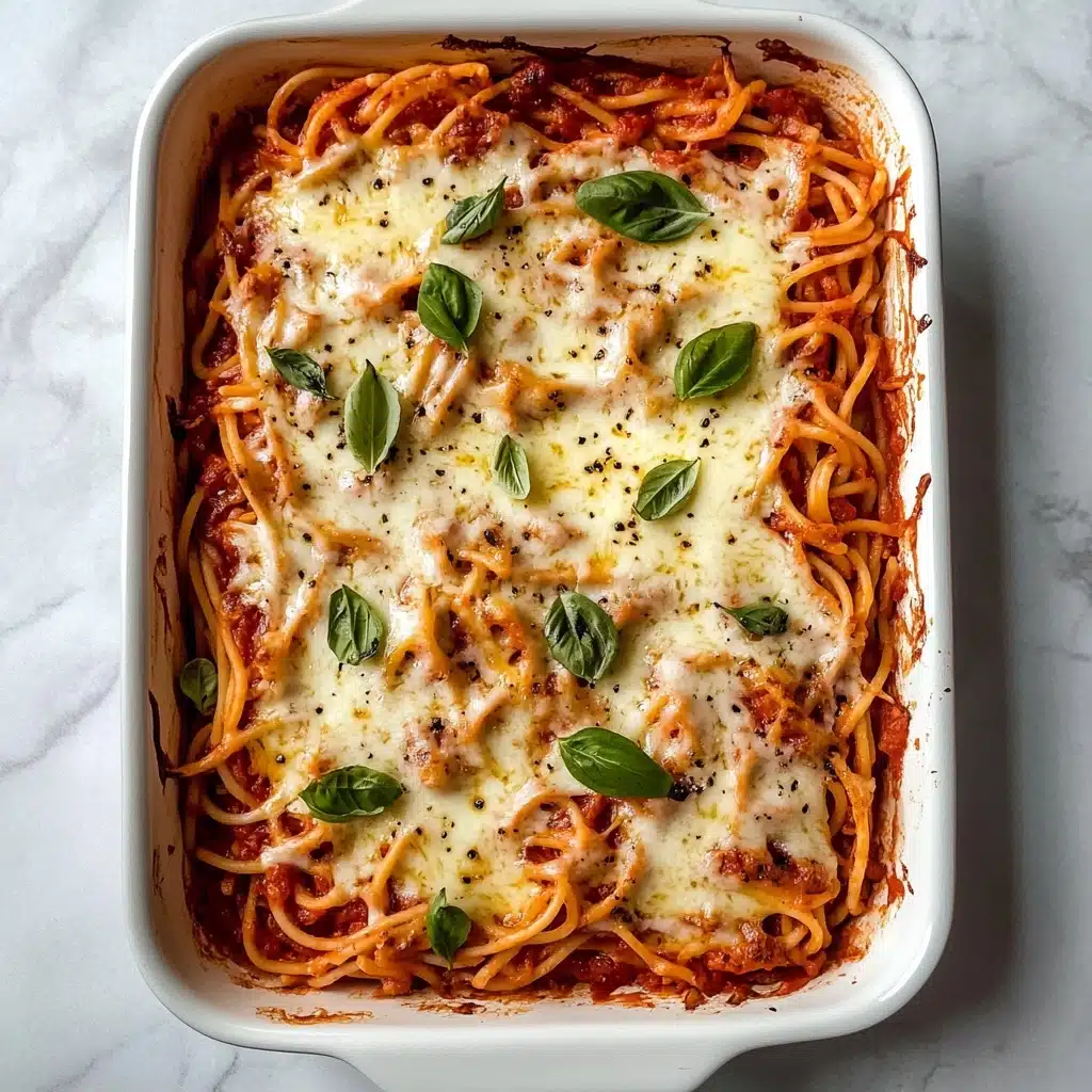 Baked Spaghetti with Cream Cheese, cheesy baked spaghetti, creamy pasta bake, simple baked spaghetti recipe, comfort food spaghetti A white rectangular baking dish filled with two main layers is shown. The bottom layer consists of cooked spaghetti mixed with a red tomato sauce, giving it a rich red-orange color with some bits of sauce visible around the edges. The top layer is melted white cheese spread evenly across the spaghetti, with some parts slightly browned and bubbly. Scattered on top are small green torn leaves, adding a fresh color contrast. The dish is placed on a white marbled surface.