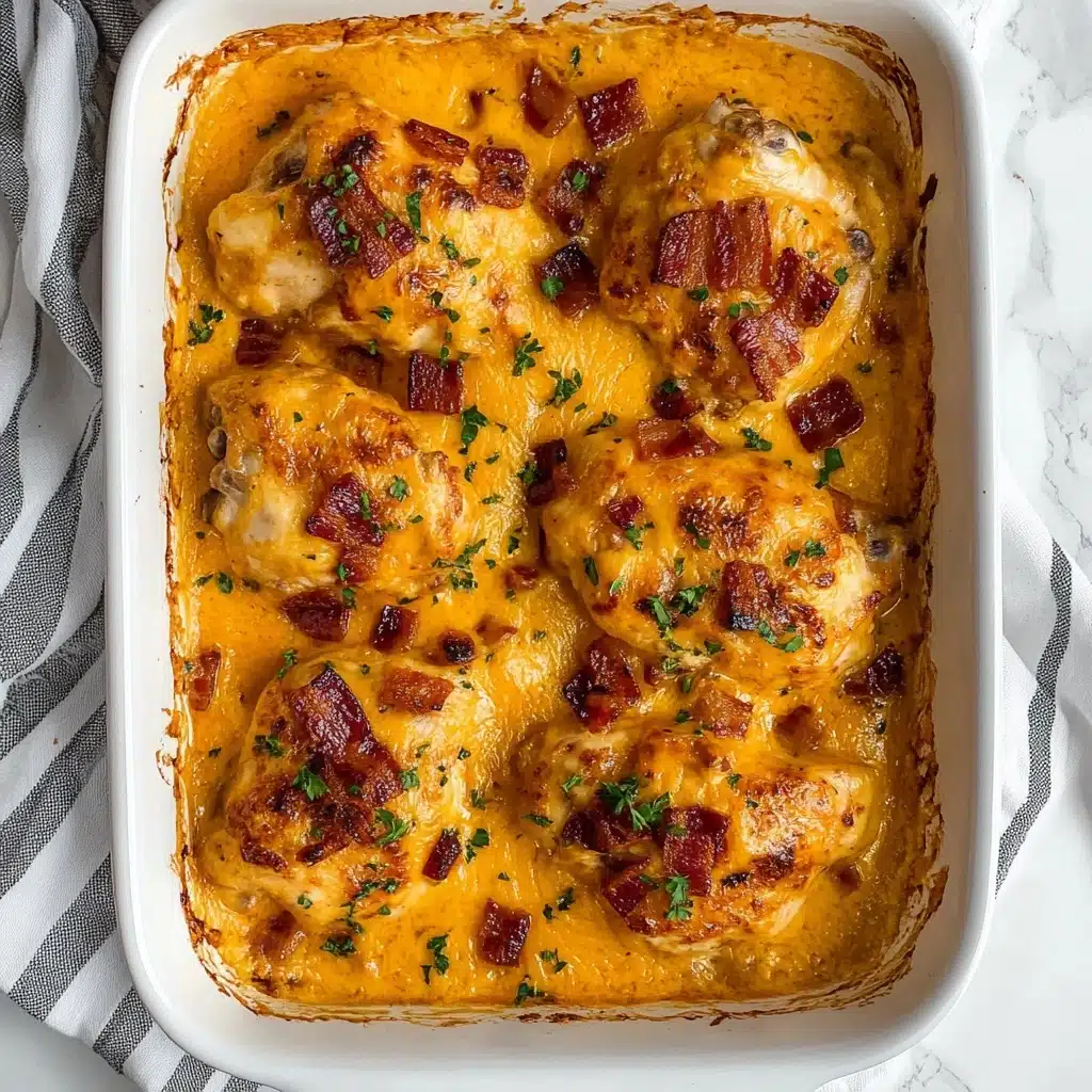 Creamy Smothered Southern-Style Chicken with Cheddar and Bacon, Southern comfort food recipes, cheesy chicken dinner, bacon chicken skillet, hearty chicken casserole A white rectangular baking dish shows a baked dish with six browned pieces of chicken partly covered by a thick, bright orange cheese sauce that is golden and bubbly on top. Small bits of crispy, dark reddish-brown bacon are scattered over the surface, along with a few green parsley flakes for color. The edges of the cheese sauce are slightly darker and crispier from baking, and the dish is placed on a white marbled background with a striped cloth partially visible in the corner.