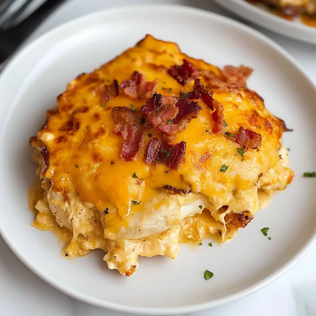 Creamy Smothered Southern-Style Chicken with Cheddar and Bacon, Southern comfort food recipes, cheesy chicken dinner, bacon chicken skillet, hearty chicken casserole The dish is a single serving of a baked casserole on a white plate placed on a white marbled surface. It has two main layers: the bottom layer is light yellow, creamy with visible chunks of rice mixed throughout, giving it a soft and slightly lumpy texture. The top layer is a browned, melted cheese with mixed-in small reddish-brown bits of bacon scattered unevenly, some parts darker and slightly crispy. There are small green herb pieces sprinkled lightly across the dish. A silver fork rests on the right side of the plate with the tines facing inward.
