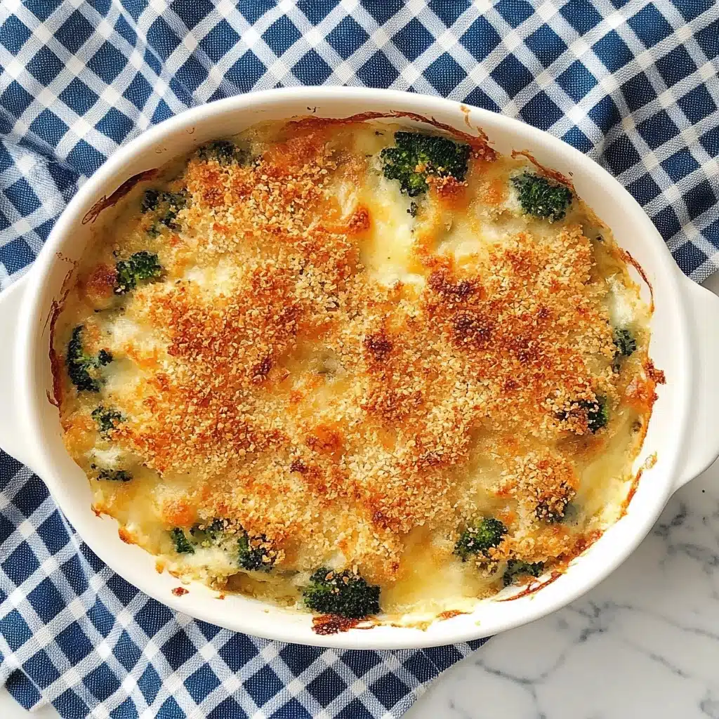 Broccoli-Cauliflower Casserole, healthy veggie casserole, cheesy vegetable bake, easy broccoli cauliflower recipe, comfort food casserole An oval white ceramic baking dish with two small side handles holds a golden-brown baked casserole. The top layer is a crispy, browned breadcrumb and cheese crust sprinkled unevenly, showing bits of bright green spinach peeking through. Underneath the crunchy topping, there is a creamy layer of melted cheese mixed with green vegetables, likely spinach, providing a mix of smooth and leafy textures. The dish sits on a white marbled surface covered partially by a blue and white checkered cloth.