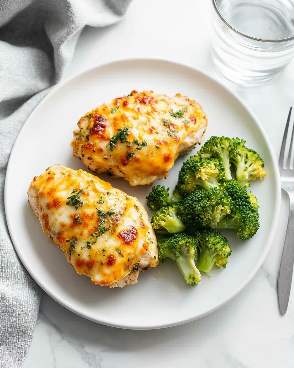Cheddar Ranch Chicken Thighs, creamy chicken thigh recipes, easy weeknight chicken, flavorful chicken thigh dinner, cheesy ranch chicken The image shows a white baking dish filled with eight pieces of cooked chicken with a golden-brown crust. The chicken pieces are sitting in a thick yellow sauce that looks creamy and rich. Small green herbs are sprinkled on top of the chicken and sauce, adding a fresh touch. The surface around the dish is a white marbled texture.