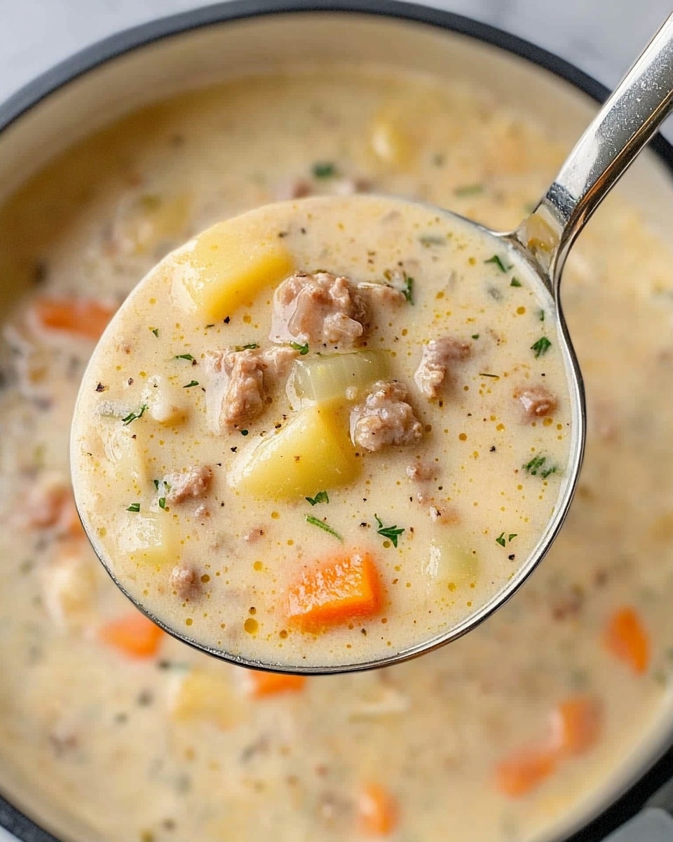 Cheeseburger Soup, cheeseburger soup recipe, hearty cheeseburger soup, comfort food recipes, easy cheesy soup A white bowl filled with thick creamy soup showing three visible layers: the bottom layer is a smooth, pale beige broth; the middle layer has large chunks of pale yellow potatoes and bright orange carrot pieces; the top layer contains small crumbles of brown ground meat mixed with finely chopped green herbs sprinkled all over. Behind it, there is a white pot with the same soup and a piece of sliced bread on the left side, all placed on a white marbled surface. A spoon with a shiny silver finish rests inside the bowl