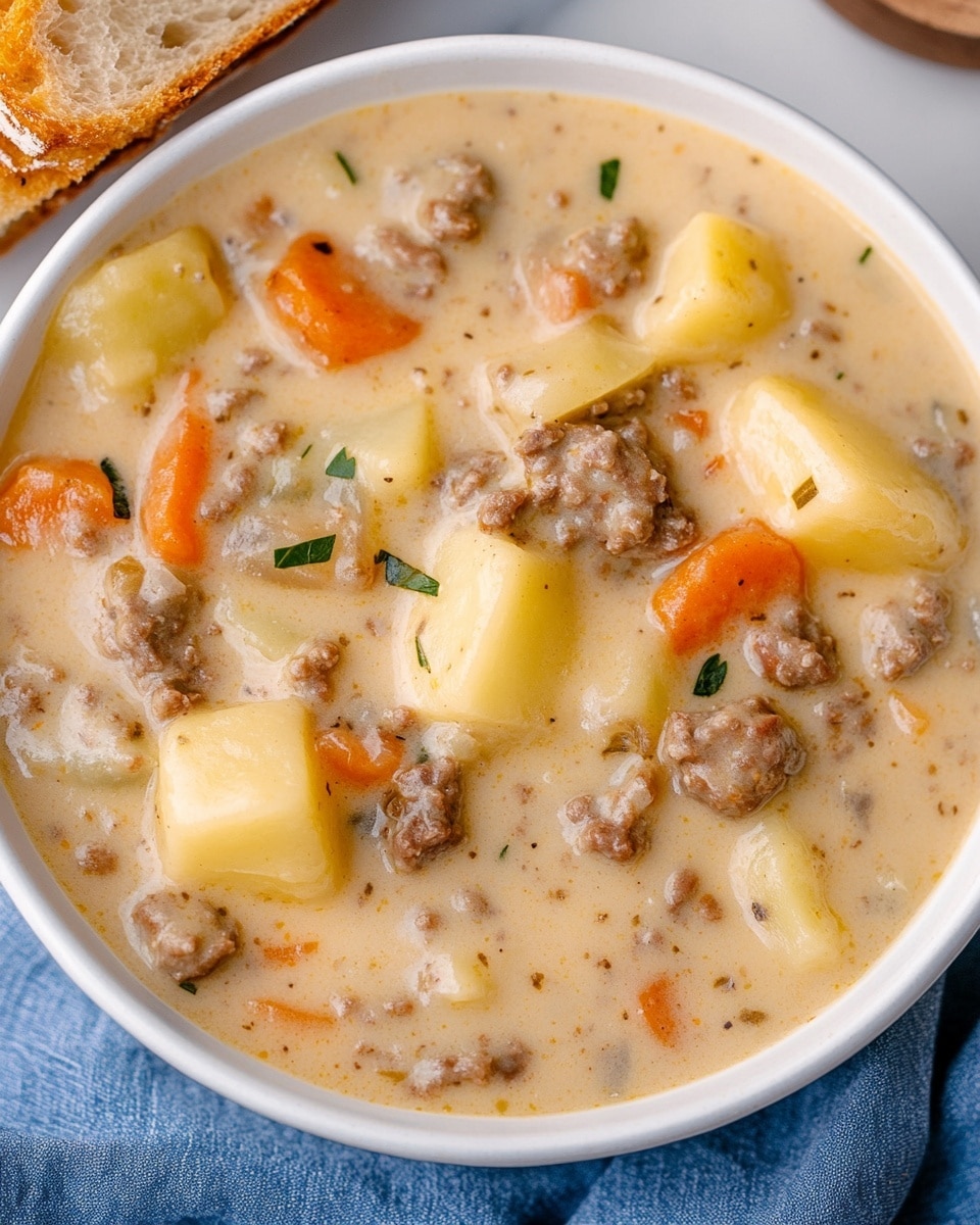 Cheeseburger Soup, cheeseburger soup recipe, hearty cheeseburger soup, comfort food recipes, easy cheesy soup A close-up view of a thick, creamy soup in a large metal ladle. The soup has a beige color base with visible chunks of light yellow potatoes, orange carrots, and small bits of browned meat, mixed with green herbs and tiny pieces of celery. The ladle is held over a pot filled with the same soup, against a white marbled surface. The texture looks smooth with small specks and pieces spread evenly throughout.
