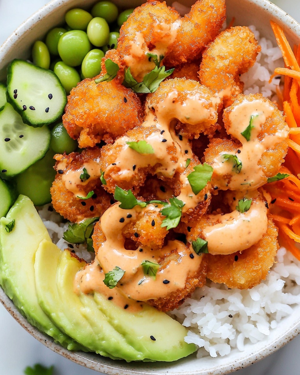 Bang Bang Shrimp Rice Bowl, crispy shrimp bowl, spicy sweet shrimp recipe, quick weeknight dinner, healthy shrimp rice bowl A white bowl filled with a base layer of fluffy white rice, topped with golden-brown crispy breaded shrimp drizzled with a light orange creamy sauce sprinkled with black pepper and small green herb leaves. On one side, bright green edamame beans add a pop of color, next to thin orange shredded carrot strips. Slices of fresh cucumber with light green skin sit at the bottom, while a smooth green avocado half, sprinkled with black pepper and fresh herb leaves, rests on the opposite side. The whole dish is placed on a white marbled surface.