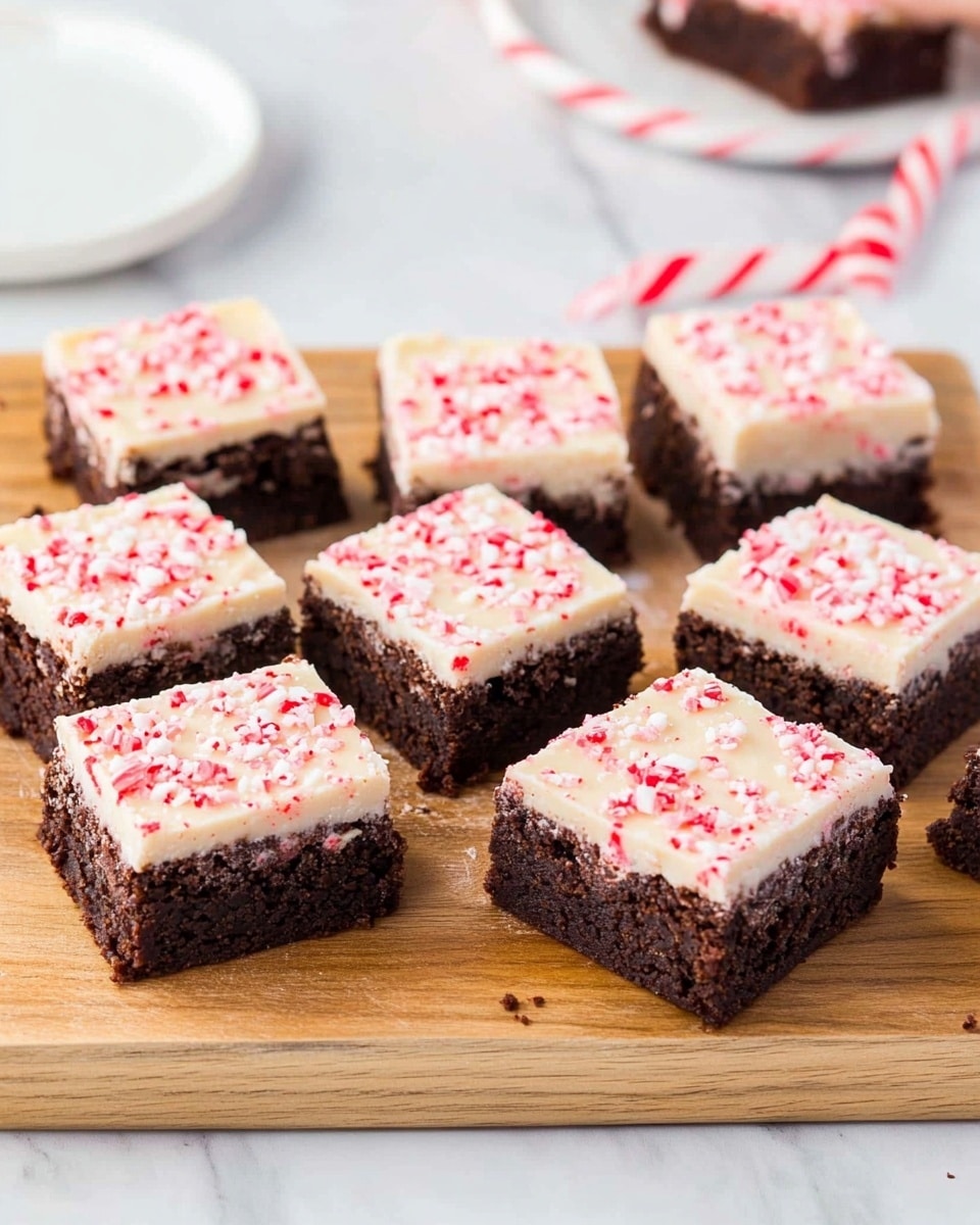 A wooden board holds thirteen square brownie pieces arranged in three rows with four pieces each, except the front row that has five. Each brownie has two layers: a thick dark brown base with visible chocolate chunks, and a creamy white top layer sprinkled with crushed pink and white peppermint bits. One piece in the second row from the bottom right corner appears slightly separated from the rest. In the background, a woman s hand is holding a white plate with one brownie piece. The surface beneath everything is white with a marbled texture. Photo taken with an iphone --ar 4:5 --v 6.1