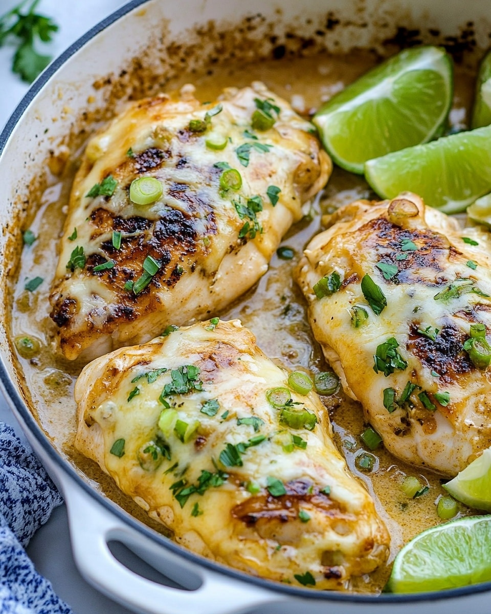 The image shows a round white pot with a red handle filled with four cooked chicken pieces. Each piece is layered with melted yellow and white cheese and topped with finely chopped green herbs and green onion slices. Lime wedges are placed around the chicken, resting on a thick brown sauce at the bottom of the pot. The pot is set on a white marbled surface, with a green and white checkered cloth partially visible in the top left corner and a small white bowl of chunky sauce and lime wedges in the top right area. photo taken with an iphone --ar 4:5 --v 6.1