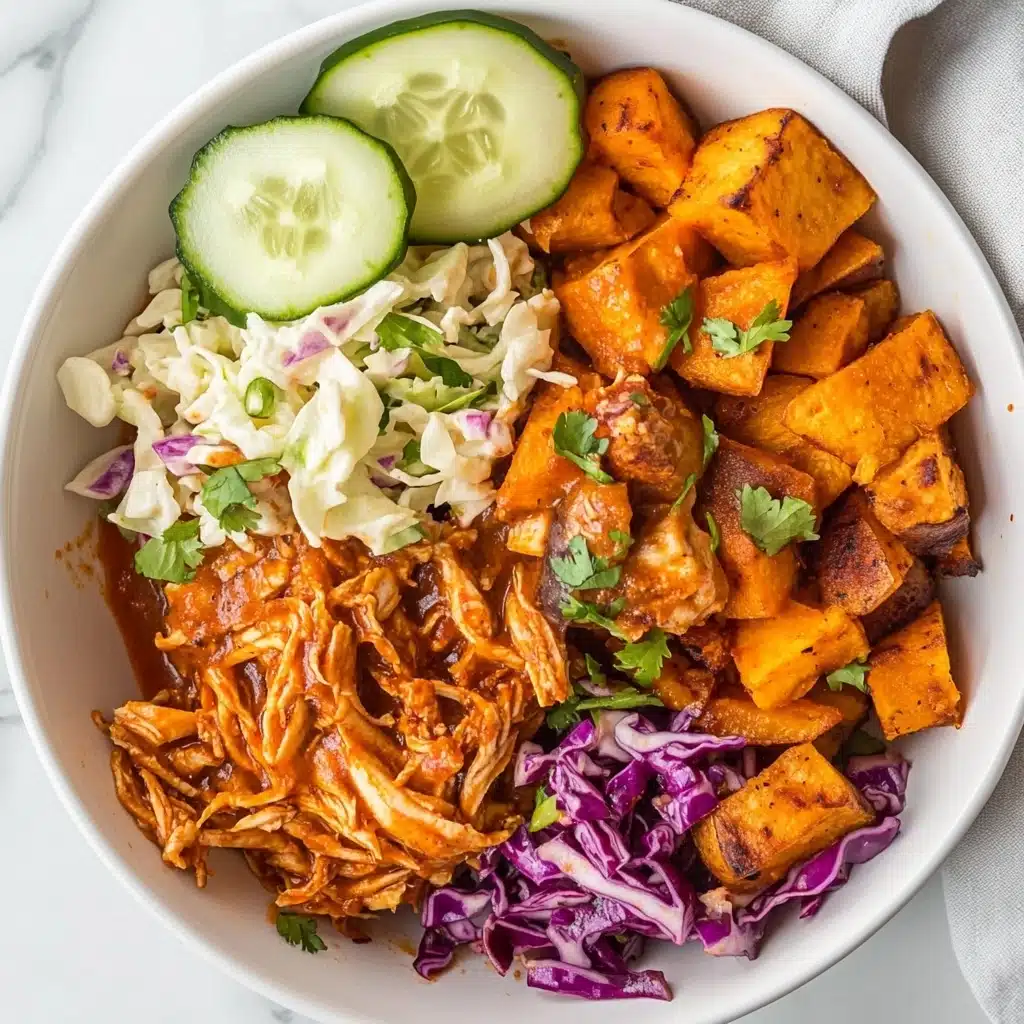 BBQ Chicken Bowls with Sweet Potatoes, Coleslaw, and Pickles Recipe - Recipe Image