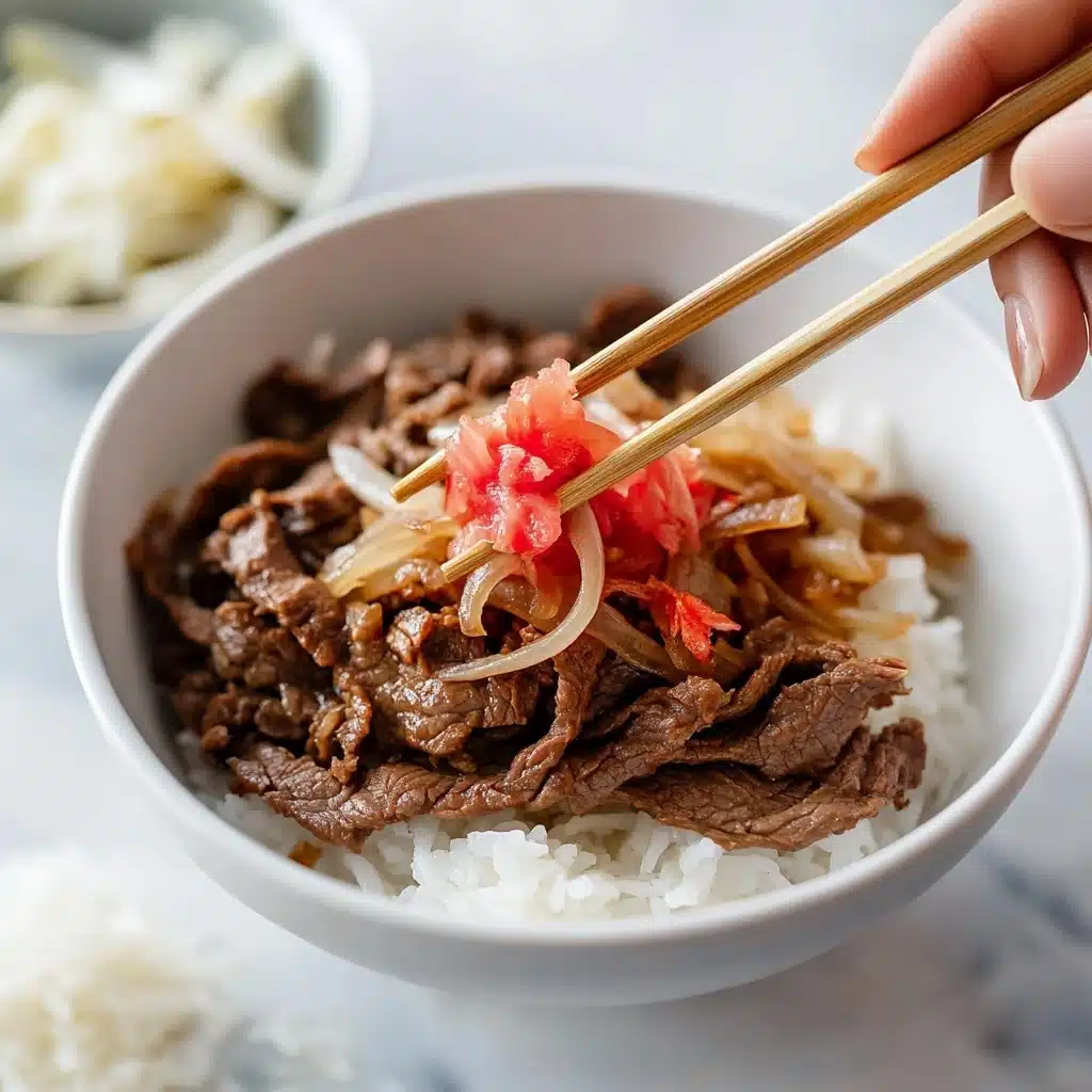 Gyudon Japanese Beef Bowls, Japanese beef bowl recipe, easy Gyudon recipe, authentic Japanese beef bowl, quick Japanese beef dish A white bowl filled with three layers: the bottom layer is plain white rice, the middle layer is cooked brown beef strips mixed with translucent cooked onions, and the top layer is small pieces of bright red pickled ginger placed in the center. A pair of light wooden chopsticks hold some beef and rice at the front of the bowl. A woman's hand supports the bowl on the left side, and the background is a soft white marbled surface with a small bowl of thinly sliced white vegetables blurred in the distance.