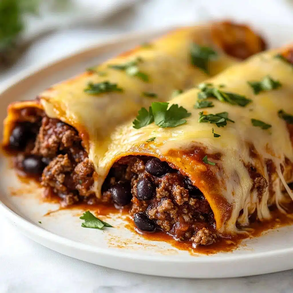 Beef Enchiladas, Beef Enchiladas Recipe, Easy Beef Enchiladas, Homemade Beef Enchiladas, Spicy Beef Enchiladas Two rolled tortillas filled with brown cooked ground beef mixed with small black beans make up the bottom layer, with some meat spilling out onto the white plate. The middle layer is reddish sauce spread over the tortillas. On top, a layer of melted light yellow cheese covers the tortillas unevenly. Small green chopped herbs are sprinkled over the cheese as garnish. The plate rests on a white marbled surface, and a blurred spoon is visible in the back.