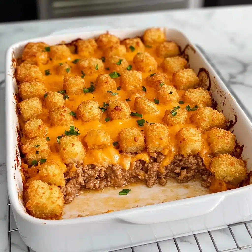Tater Tot Casserole, easy comfort food, cheesy ground beef casserole, crispy tater tot dinner, quick weeknight casserole The image shows a casserole dish with two clear layers. The bottom layer is made of brown cooked ground meat that looks slightly crumbly. Above it is a layer of golden yellow tater tots arranged evenly covering the meat. The tater tots are covered with melted orange cheese and scattered small green herb pieces. The casserole dish is white and sits on a white marbled surface with a cooling rack below. A portion of the casserole is missing, revealing the distinct layers inside.