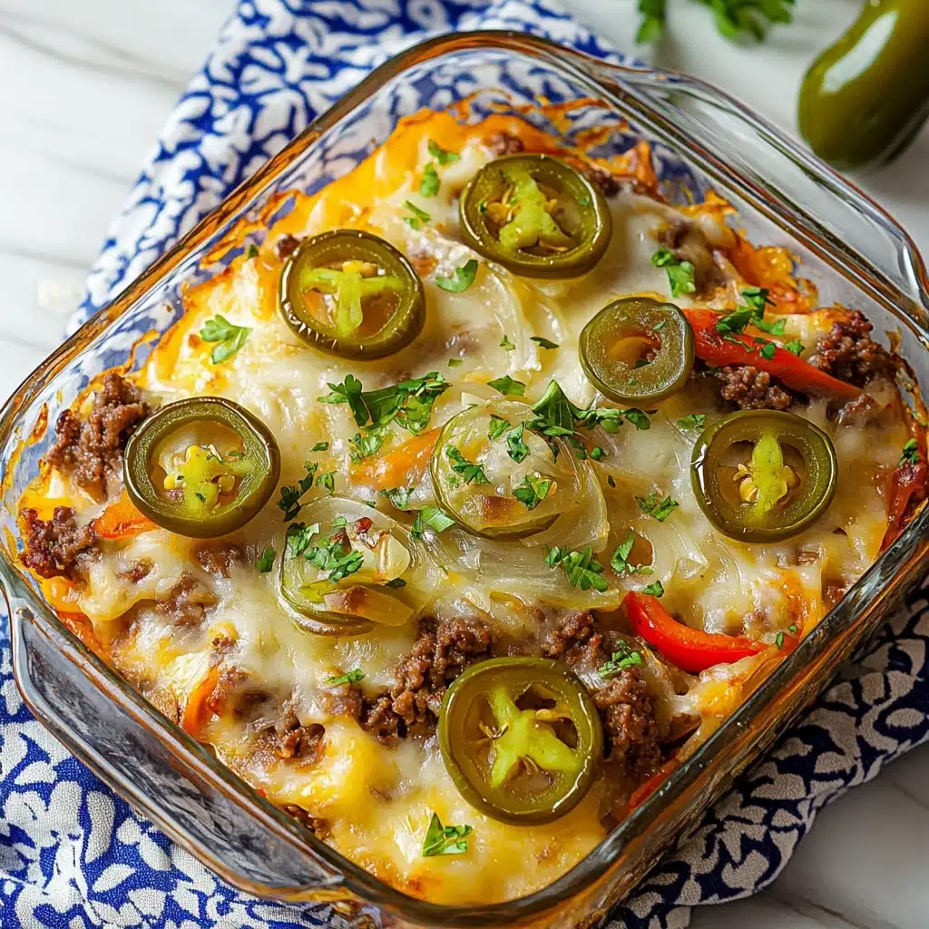Southern Five Layer Beef Casserole, layered beef casserole, hearty Southern casserole, easy beef layered dish, comfort food casserole The dish is shown in a clear glass baking dish with three visible layers. The bottom layer is a white, melted cheese base with a slightly oily texture. The middle layer has small pieces of cooked ground beef mixed with translucent cooked onions, adding a light brown touch with some white from the onions. The top layer features alternating slices of red tomatoes and rings of green pickled jalapeños, sprinkled with small green herb leaves for color contrast. The dish is set on a blue and white patterned cloth, all placed on a white marbled surface.