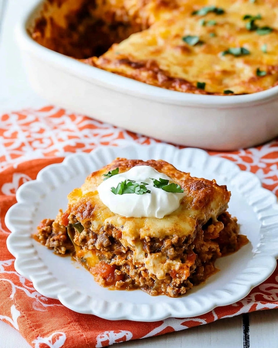 Cheesy Low-Carb Taco Casserole, low-carb taco casserole, healthy taco casserole, cheesy keto casserole, easy taco casserole dinner A white oval baking dish filled with a cheesy casserole that has a golden brown melted cheese top with small browned spots and bits of browned meat and vegetables visible underneath. The cheese layer is bubbly and slightly crispy on the edges, covering a mixed textured layer of cooked ingredients in shades of brown, red, and green. The dish sits on a white marbled textured surface with a glimpse of a white plate and a fork in the background resting on folded yellow and orange cloth napkins.