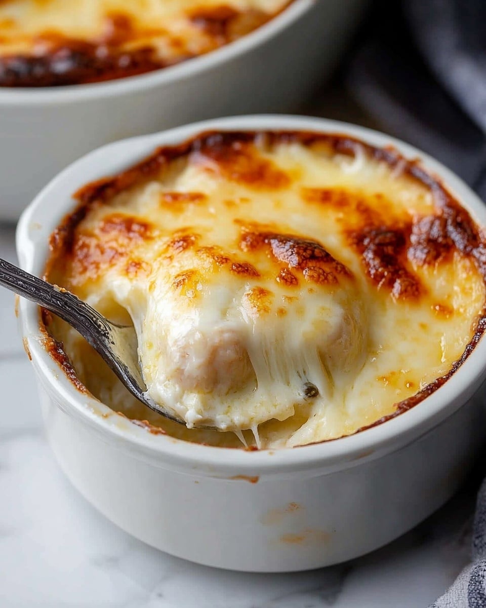 Chile Relleno Soup with Cheddar and Cream Cheese, cheesy roasted poblano soup, comforting spicy poblano soup, easy Chile Relleno-inspired soup, creamy cheesy poblano chicken soup The image shows three dark brown ceramic bowls filled with a creamy dish topped with melted cheese that is golden brown in spots, giving a slightly bubbly and textured surface. The creamy layer is thick and smooth with some cheese drippings on the sides of the bowls. The bowls sit on a grooved metal tray on a white marbled surface, with three shiny metal spoons stacked beside them, reflecting light softly. The scene is bright and clear, focusing closely on the front bowl while the others blur gently in the background.