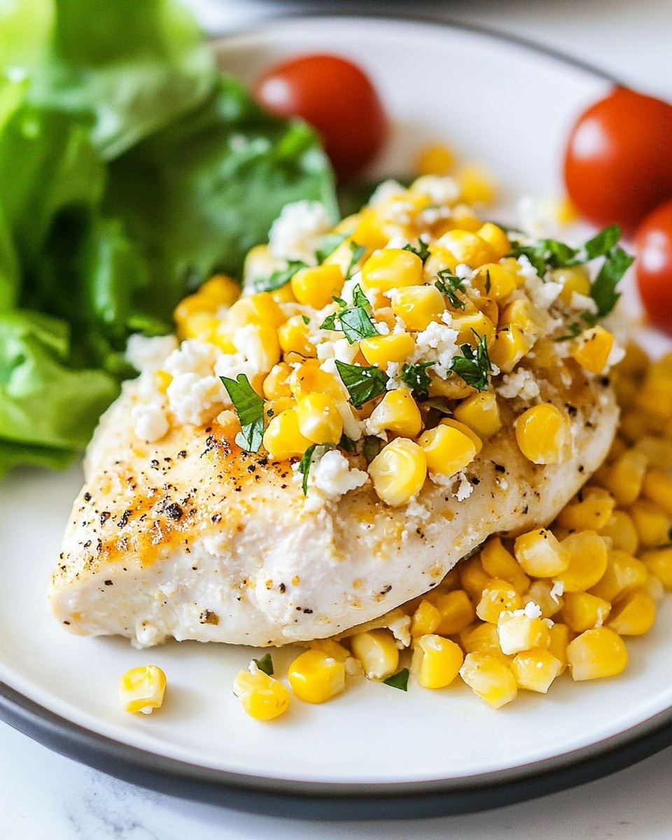 Mexican Street Corn Chicken, Mexican street corn chicken recipe, baked chicken with street corn topping, easy Mexican chicken dish, flavorful chicken dinner The dish shows a close-up of a white bowl filled with a creamy layered corn recipe. The bottom layer is light beige creamy sauce. On top, there is a thick layer of bright yellow cooked corn kernels mixed with light white cheese crumbles scattered evenly. There are small green herb pieces sprinkled on the corn, adding a fresh touch. A spoon is lifting a portion of the dish, showing the creamy base underneath the corn layer, with some corn spilling back into the bowl. The background has a white marbled texture with a few green peppers slightly blurred behind the bowl.