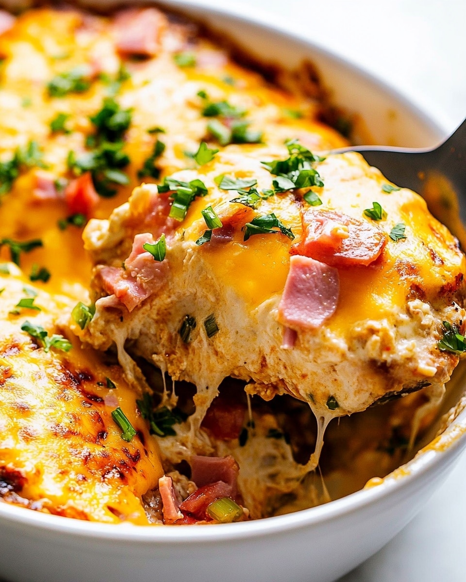 Crack Chicken with Bacon and Cream Cheese, savory chicken bake with bacon and cream cheese, quick and creamy bacon chicken, easy bacon and cream cheese chicken, comforting chicken dinner In a white oval baking dish, there are three layers of baked chicken covered with melted cheddar cheese that is golden and slightly browned on top. Scattered across the cheese are small pieces of pink ham and green chopped scallions, adding a mix of colors. The chicken underneath is white and slightly browned at the edges, while fresh chopped parsley is sprinkled over everything, giving a fresh green touch. The dish sits on a white marbled surface with some melted cheese and sauce spilling around the edges.