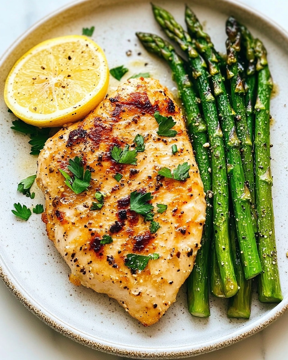 Baked Parmesan Garlic Chicken, easy chicken dinner, quick weeknight chicken, flavorful baked chicken, Italian-inspired chicken The image shows four cooked and lightly browned fillets placed on a white marbled surface. Each fillet is sprinkled with small green herb pieces and black pepper specks, giving a fresh and seasoned look. The fillets have a slightly crispy texture on top with a warm golden color. Around the fillets, there are thin lemon slices showing bright yellow skin and pale yellow inside, adding a fresh contrast to the dish.