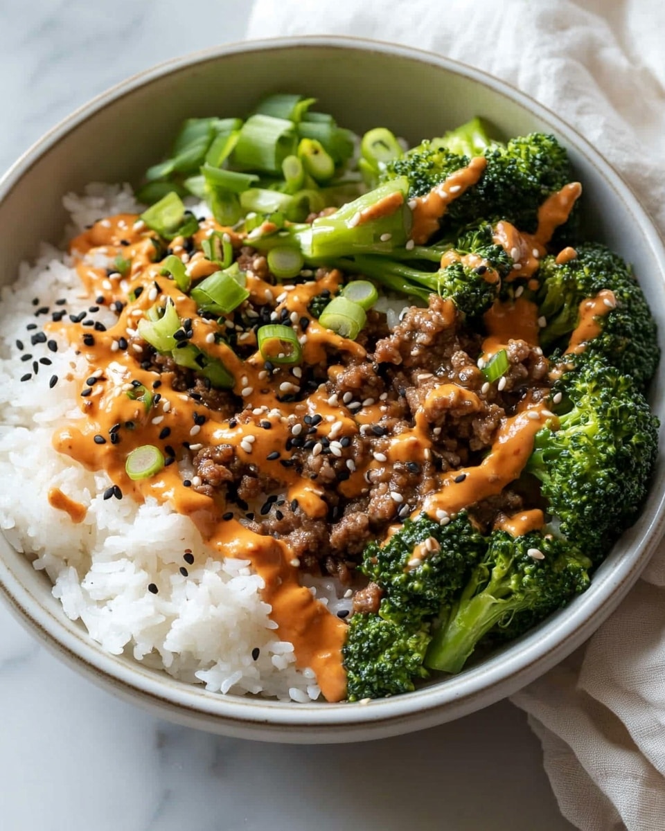 Teriyaki Ground Beef and Broccoli, easy teriyaki beef stir-fry, quick weeknight ground beef recipes, savory broccoli stir-fry, healthy ground beef dinner A round white bowl filled with two main layers: on the left side, white rice topped with a light orange sauce and sprinkled with black and white sesame seeds and thin slices of bright green spring onion; on the right side, cooked green broccoli florets mixed with small pieces of brown ground meat, also drizzled with the same light orange sauce and garnished with sesame seeds and spring onion slices; the bowl is placed on a white marbled surface with a white cloth partially visible on the right side,