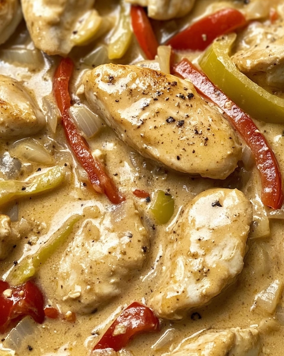 Creamy Pepperoncini Chicken, quick chicken dinner, spicy pepperoncini chicken, easy chicken recipes, flavorful chicken dishes The image shows several pieces of golden brown cooked chicken layered evenly on a creamy light beige sauce with visible black pepper flakes. Among the chicken pieces are thin slices of red bell pepper and pale green pepper rings, all mixed into the thick sauce. Small bits of cooked onion are scattered throughout, adding texture. The creamy sauce surrounds the chicken and vegetables, creating a rich, smooth surface that blends the colors together.