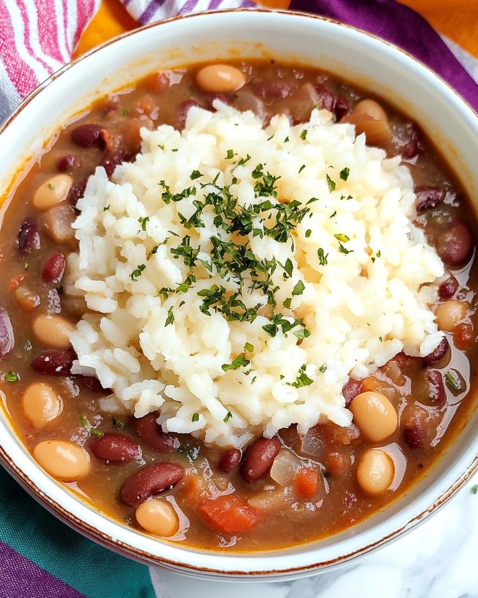 The image shows two bowls of a thick brown bean stew topped with a layer of white rice sprinkled with small green herbs in the center. The stew has a smooth but chunky texture with visible beans, filling the bowls almost to the top. The bowl in front is white with an orange and white floral pattern around the edge, and the second bowl in the background is also white with a black outside. Both bowls sit on a colorful cloth with red, yellow, orange, and blue stripes on a white marbled surface, along with a wooden spoon placed nearby. Photo taken with an iphone --ar 4:5 --v 6.1
