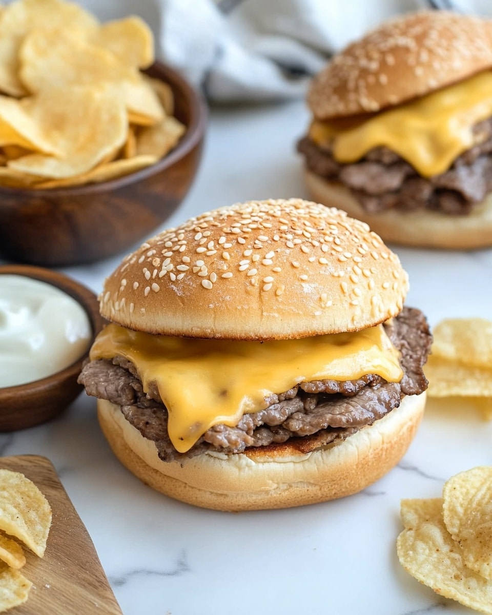 A sesame seed soft bun sandwich with two layers: a thin layer of cooked beef and two slices of melted yellow cheese on top, the cheese slightly dripping over the edges; in the background, there are two more similar sandwiches and a small wooden bowl filled with white dipping sauce and a pat of butter on top; around the sandwiches, there are several ridged potato chips scattered, all on a white marbled surface. photo taken with an iphone --ar 4:5 --v 6.1