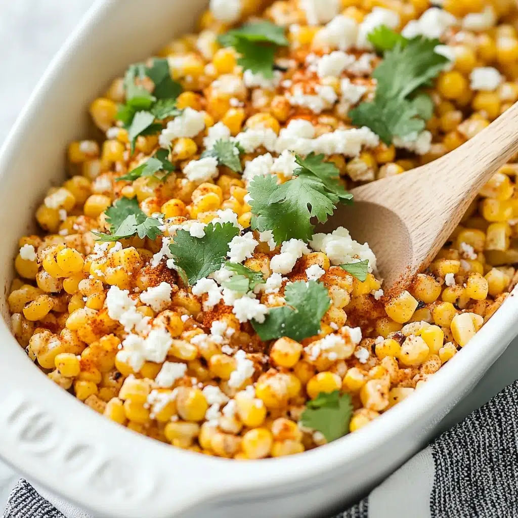 Mexican Street Corn Elote, Mexican Street Corn, Elote Recipe, Mexican Corn on the Cob, How to Make Elote A close-up view of a white oval dish filled with bright yellow corn kernels mixed with spices, topped with crumbled white cheese and small green cilantro leaves scattered across the surface. A light dusting of red chili powder adds a touch of color over the cheese and corn. A wooden spoon is placed inside the dish, lifting some of the corn mixture. The dish is set on a white marbled surface with a white and black striped cloth partially visible underneath.