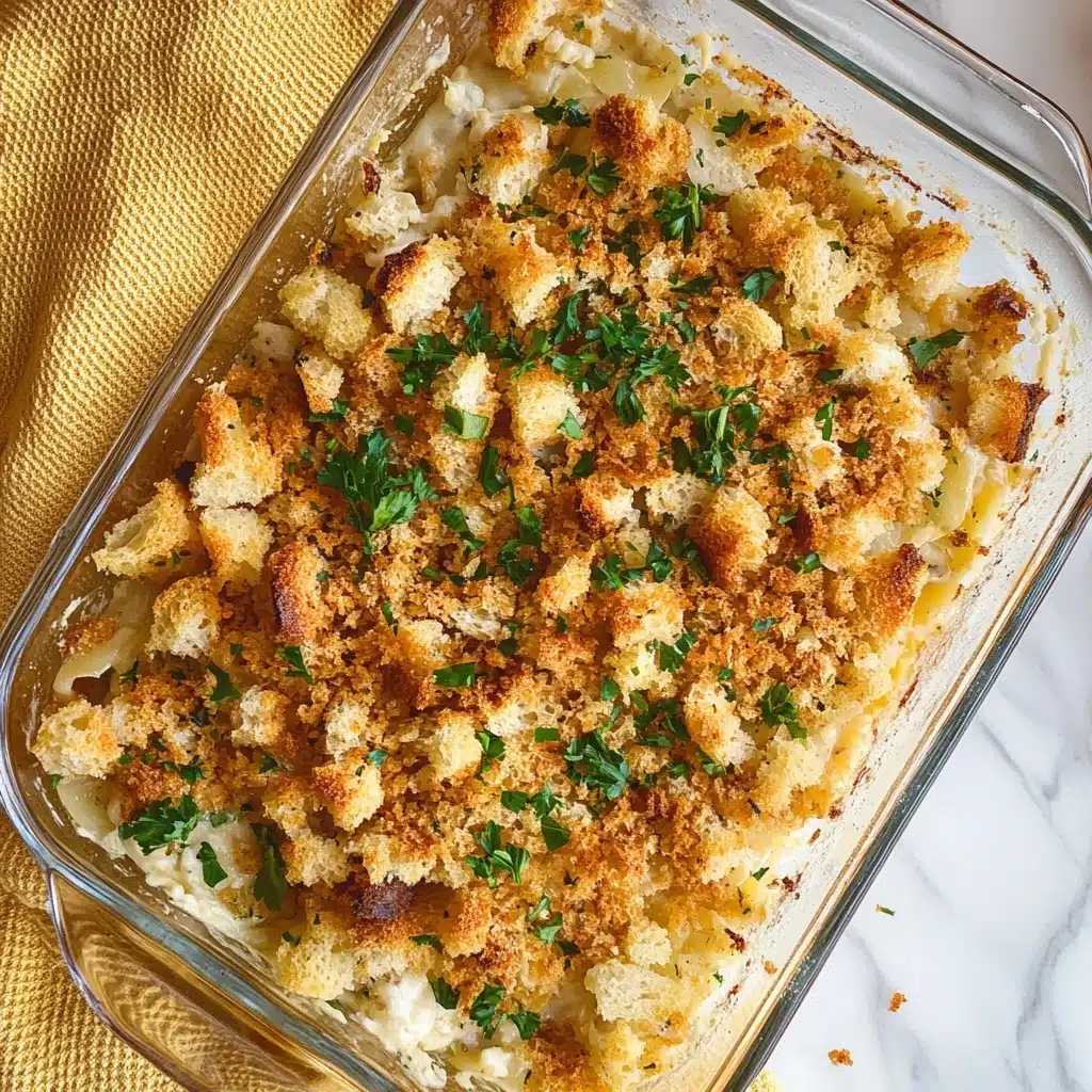 Chicken Stuffing Bake, Easy Chicken Casserole, Comfort Food Dinner, Hearty Chicken and Stuffing, Family-Friendly Chicken Bake The dish is a baked casserole in a clear glass rectangular dish, filled with a base layer of creamy, light-colored filling topped with a thick, golden-brown crumbly layer of chopped bread pieces mixed with herbs, scattered with bits of green parsley for color. The bread topping appears crunchy with some darker toasted spots, evenly spread across the surface. The casserole is placed on a white marbled surface with a textured yellow cloth nearby.