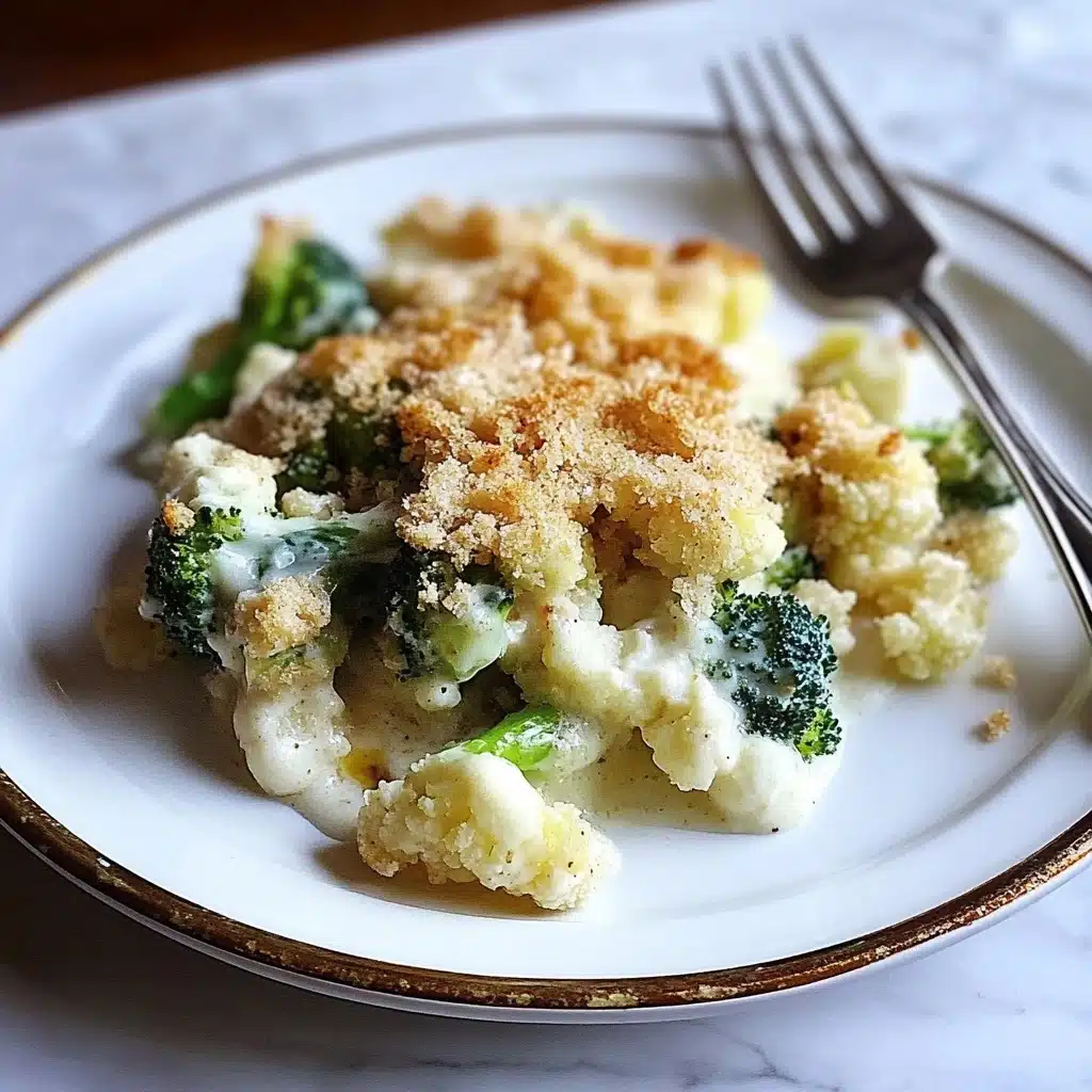 Broccoli-Cauliflower Casserole, healthy veggie casserole, cheesy vegetable bake, easy broccoli cauliflower recipe, comfort food casserole A white plate with a black branch and red berry pattern holds a serving of broccoli and cauliflower baked with a creamy white sauce, topped with a golden brown breadcrumb crust. The pieces of broccoli and cauliflower are green and white, mixed together under the sauce and crispy topping. A silver fork rests on the plate next to the food. In the blurred background, a white bowl with a decorative pattern and more of the dish can be seen on a white marbled surface.