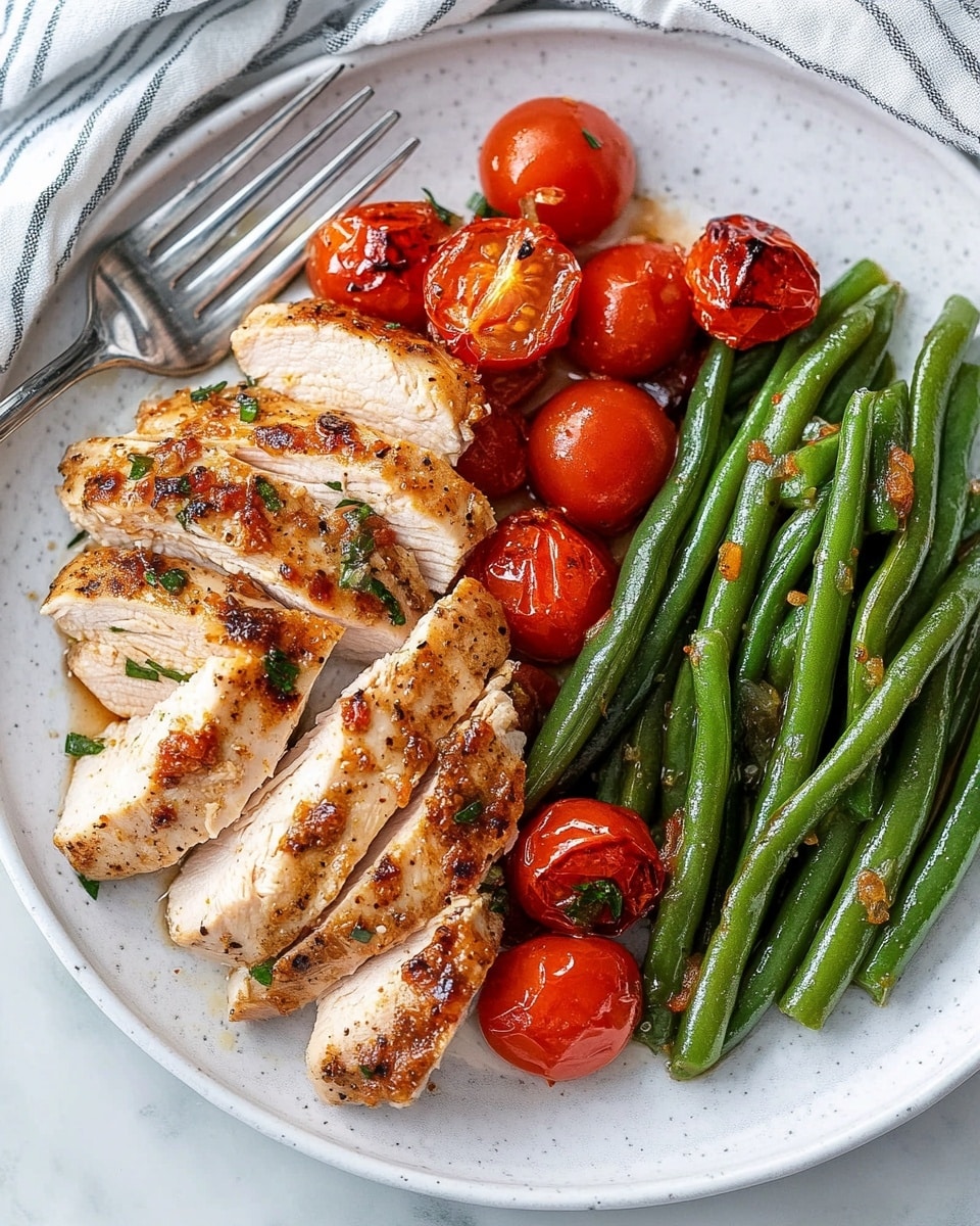 Oven Baked Balsamic Chicken, Balsamic Chicken Dinner, Easy Balsamic Chicken, One-Pan Chicken Recipe, Healthy Chicken with Balsamic A white round plate holds a meal with two main parts: on the left are five thick slices of cooked chicken breast, stacked slightly on each other; bright red cherry tomatoes, some whole and some sliced, are scattered over the chicken, adding a juicy and fresh look; on the right, there is a neat pile of cooked green beans, shiny with a light sauce and slightly charred for texture; a silver fork rests on the edge of the chicken slices, with a woman's hand just visible holding it near the top left of the plate; the plate sits on a white marbled surface with a soft striped cloth partially underneath; the colors are warm and natural, with white, green, and red standing out strongly;