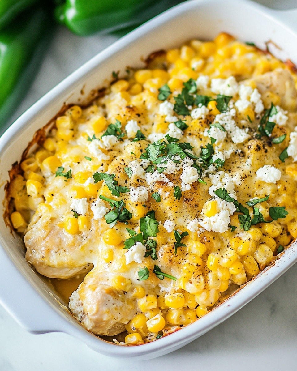 Mexican Street Corn Chicken, Mexican street corn chicken recipe, baked chicken with street corn topping, easy Mexican chicken dish, flavorful chicken dinner A single piece of white cooked chicken fillet sits on a dark plate with visible grill marks and a firm texture. On top, there is a thick layer of bright yellow grilled corn kernels mixed with small pieces of white cheese and sprinkled green herbs, likely cilantro, adding fresh color. The plate also holds some fresh green lettuce and a small red cherry tomato on the side. In the background, a white bowl blurred out with more yellow corn or side dish sits on a white marbled surface. The lighting is bright and natural showing a close-up, detailed view.