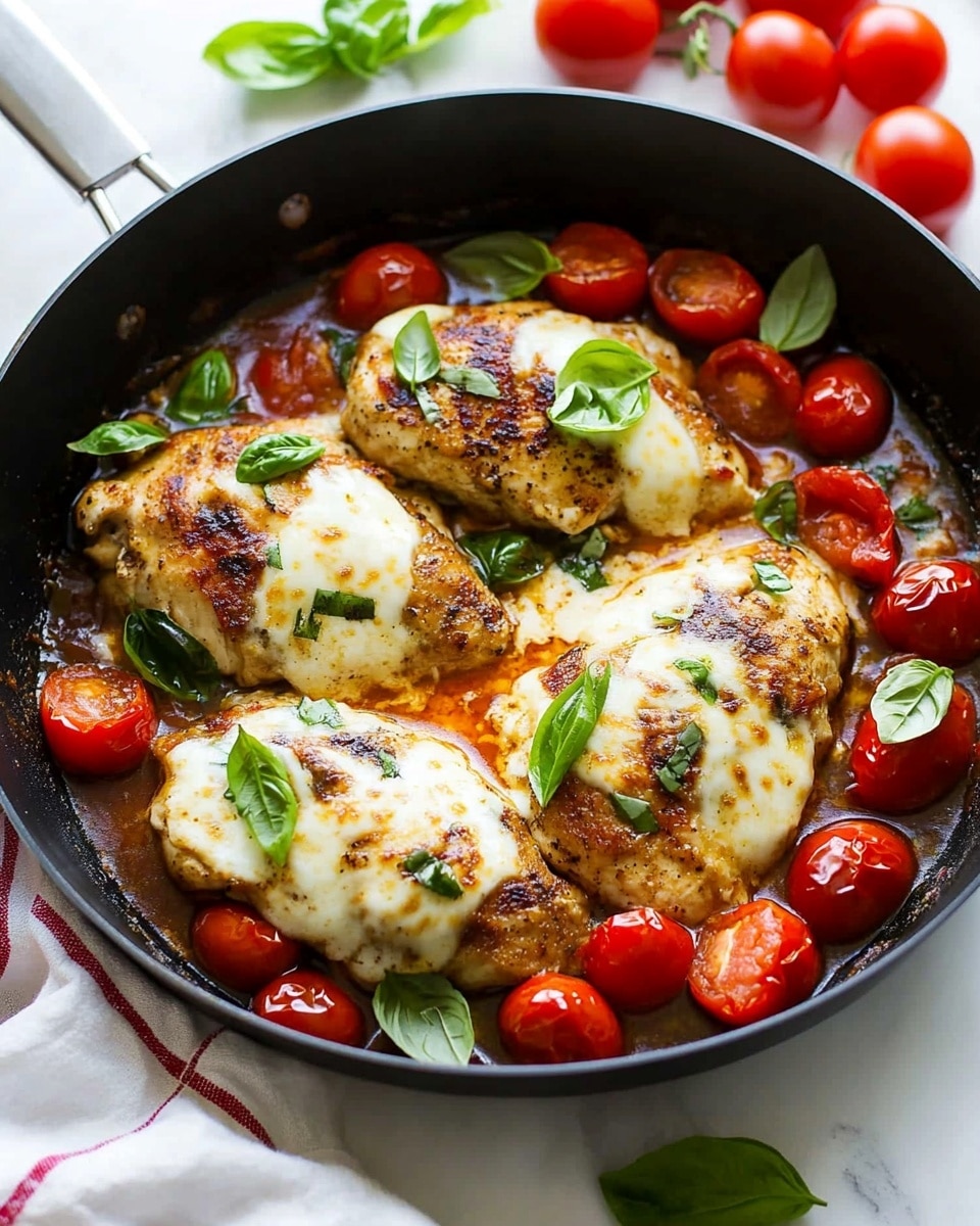 One Pan Balsamic Chicken with Tomatoes and Mozzarella, quick chicken dinner, easy weeknight chicken recipe, healthy chicken sautés, cheesy tomato chicken A black cast iron pan holds four grilled chicken pieces, each topped with melted white cheese that looks soft and slightly bubbly. Scattered around and on top of the chicken are bright red cherry tomatoes, some whole and some sliced, adding a fresh and juicy look. Green basil leaves and small green herb bits are sprinkled on the chicken and tomatoes, giving a fresh, colorful touch. The pan sits on a white marbled surface with a white cloth that has thin red stripes underneath. The overall colors are warm and inviting with golden-brown chicken, vivid red tomatoes, fresh green herbs, and creamy white cheese.