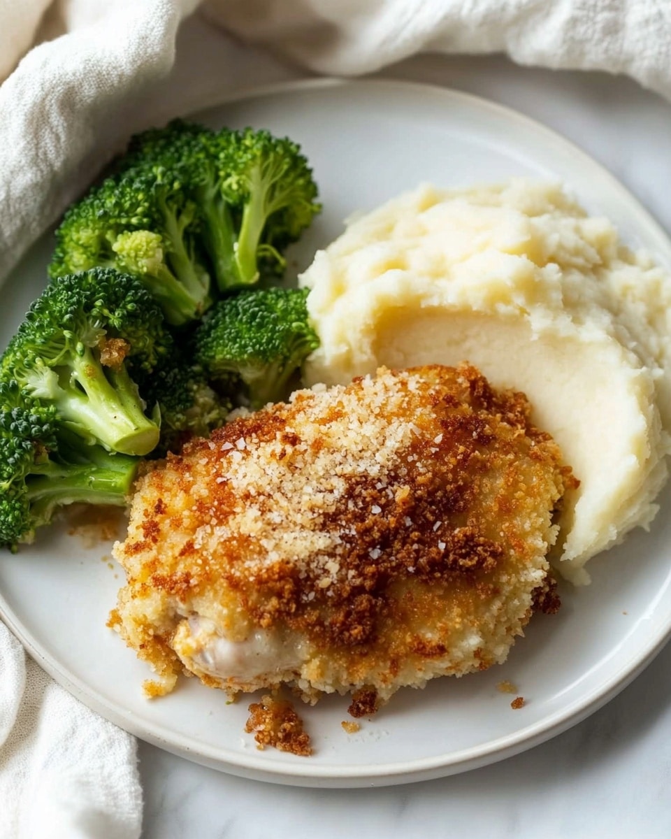 Longhorn Parmesan Crusted Chicken, Copycat Parmesan Chicken, Crispy Chicken with Parmesan, Easy Parmesan Crusted Chicken Recipe, Steakhouse Style Chicken The dish shows a white plate on a white marbled surface with a piece of cooked meat topped with a thick, creamy yellow layer and a crunchy, golden brown crumb topping. Behind it, there is a cluster of bright green steamed broccoli with clear texture on the florets. To the right side of the meat, there is a heap of smooth, light cream-colored mashed potatoes, with a silver spoon partially placed in it. The overall look is warm, fresh, and well-balanced in colors and textures.