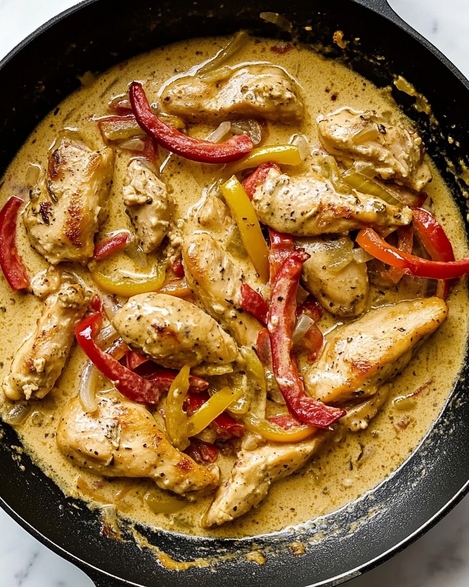 Creamy Pepperoncini Chicken, quick chicken dinner, spicy pepperoncini chicken, easy chicken recipes, flavorful chicken dishes The image shows a black skillet filled with several cooked chicken pieces browned on top, layered with sliced red bell peppers and light green pepper rings. The chicken and vegetables sit in a thick, creamy beige sauce dotted with small pieces of onion. A silver spoon rests on the right side of the skillet, holding a piece of chicken with some peppers and sauce. The skillet is placed on a white marbled surface.