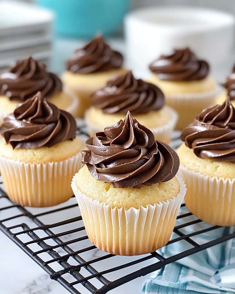 The image shows a close-up of a vanilla cupcake with three visible layers. The bottom layer is pale yellow and soft, forming the cake base. Inside the cake, a creamy, light yellow filling is visible through a bite taken at the front. On top, a thick layer of rich, smooth dark chocolate frosting is swirled into elegant peaks and ridges, covering the whole top of the cupcake. The cupcake sits on a black metal cooling rack placed on a white marbled surface with a blurry background of more cupcakes matching the same description. Photo taken with an iphone --ar 4:5 --v 6.1