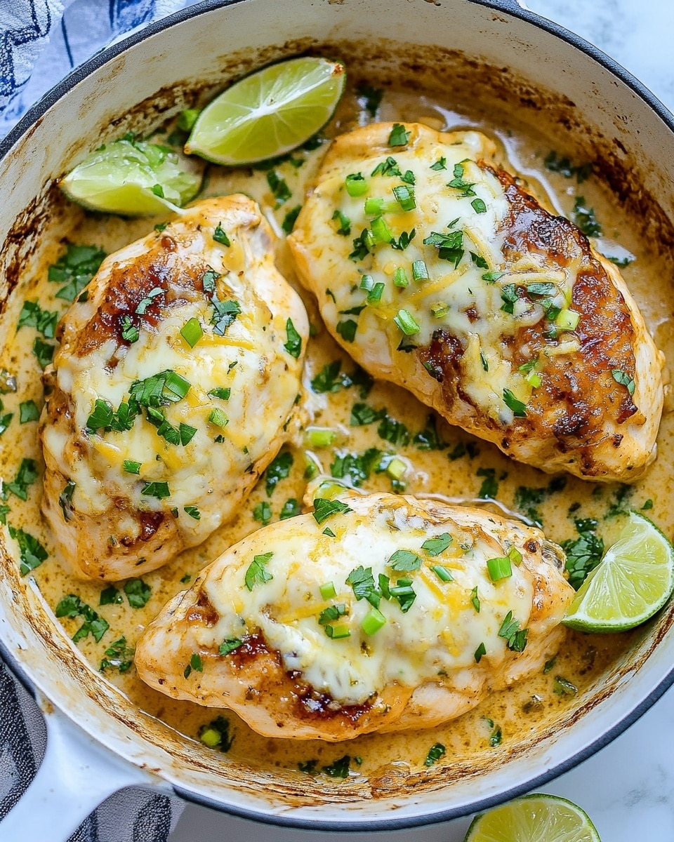 The dish shows two cooked chicken pieces covered with a mix of melted white and yellow cheese, sprinkled with chopped green herbs and green onion slices. The chicken looks juicy with a slightly browned texture. There are lime wedges placed on the side, adding a fresh green and light yellow color contrast. The food is in a white dish with some sauce or melted cheese residue at the bottom, all placed on a white marbled surface. photo taken with an iphone --ar 4:5 --v 6.1