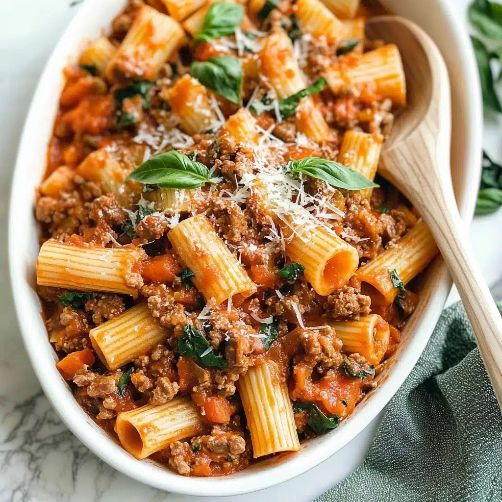 Spicy Sausage Rigatoni, spicy sausage pasta recipe, easy spicy rigatoni, hearty sausage dinner, flavorful pasta dish A white oval dish filled with rigatoni pasta mixed with chunky brown cooked meat and a bright orange-red tomato sauce with small pieces of carrot. The pasta and meat mixture is topped with thin green basil strips and scattered shreds of white cheese. A wooden spoon with a white handle rests on the right side of the dish. The dish is placed on a white marbled surface with a green textured cloth visible on the right edge.