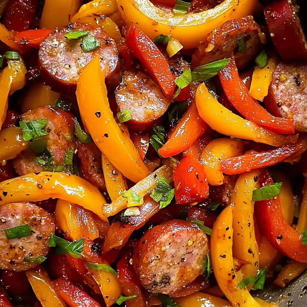 Sausage and Peppers Skillet, quick sausage and peppers, easy sausage skillet, flavorful sausage and peppers dish, weeknight sausage dinner This image shows a close-up of a cooked dish in a silver pan over a white marbled surface. The dish has round, browned slices of sausage with a slightly shiny, crisp texture, mixed with strips of soft, cooked bell peppers in red, yellow, and orange colors. There are also translucent, cooked onion slices and small green herb pieces scattered throughout, adding a touch of fresh green. The pan's handle is partly visible at the bottom right side.