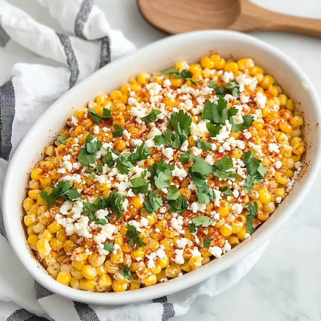 Mexican Street Corn Elote, Mexican Street Corn, Elote Recipe, Mexican Corn on the Cob, How to Make Elote In a white oval dish, there is a single layer of cooked yellow corn coated with a reddish seasoning. On top of the corn, there is a scattering of white crumbly cheese and green chopped herbs, arranged mainly in the middle lengthwise, with some cheese spread near the edges and herbs sprinkled unevenly. The dish sits on a white marbled surface next to a wooden spoon, with a white cloth with black stripes partially visible under the dish.