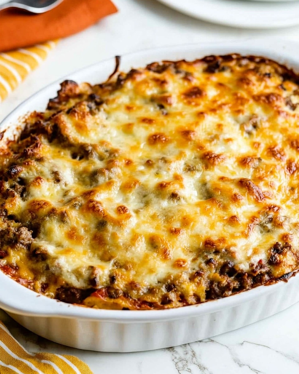 Cheesy Low-Carb Taco Casserole, low-carb taco casserole, healthy taco casserole, cheesy keto casserole, easy taco casserole dinner A square piece of layered casserole sits on a white plate with a scalloped edge, placed on top of an orange cloth with white patterns. The casserole shows a textured bottom layer of cooked brown meat mixed with diced vegetables, topped with a layer of melted cheese that is light golden brown. On top of the cheese is a thick red tomato sauce spread unevenly, and a dollop of smooth white sour cream sits in the center. In the background, part of the larger white baking dish holds the remaining casserole with a bubbly golden top, all set on a white marbled surface.