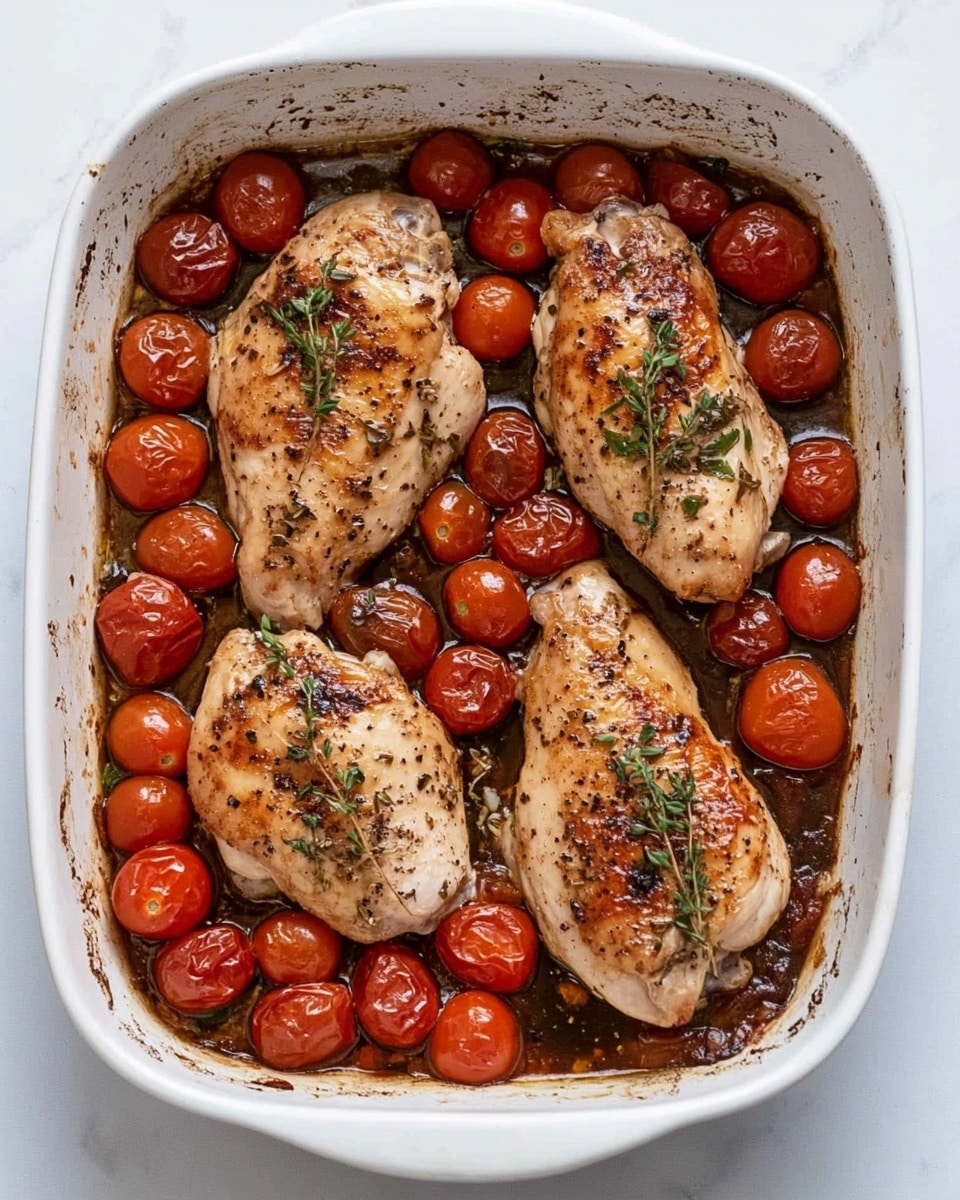 Oven Baked Balsamic Chicken, Balsamic Chicken Dinner, Easy Balsamic Chicken, One-Pan Chicken Recipe, Healthy Chicken with Balsamic A white baking dish holds four large cooked chicken pieces, evenly spaced in two rows of two. Each chicken piece has a light brown color with visible bits of herbs and garlic on top. Surrounding the chicken are many bright red cherry tomatoes, some whole and some sliced in half, with a soft and juicy texture. The dish has a dark brown sauce pooled slightly at the bottom, giving a glossy finish to the chicken and tomatoes. The background is a white marbled surface.