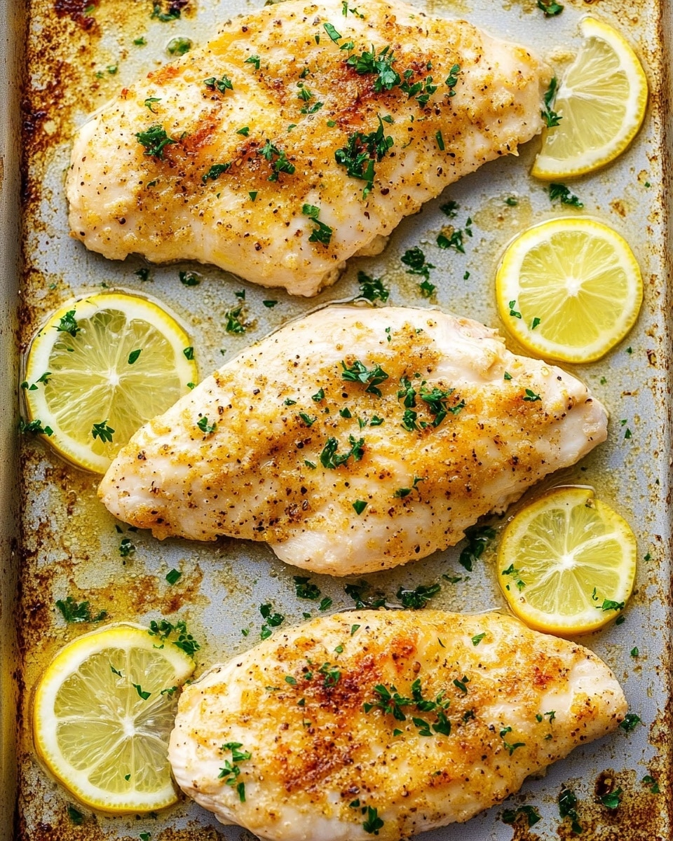 Baked Parmesan Garlic Chicken, easy chicken dinner, quick weeknight chicken, flavorful baked chicken, Italian-inspired chicken The image shows a white plate with a golden brown cooked piece of chicken on top, sprinkled with small green parsley leaves. Underneath the chicken, there is a slice of lemon with a slightly charred edge, topped with a few parsley pieces as well. To the right of the chicken, a bunch of bright green asparagus spears lie neatly side by side, lightly seasoned with black pepper. The plate sits on a white marbled surface, and the overall lighting highlights the texture and colors of the food.
