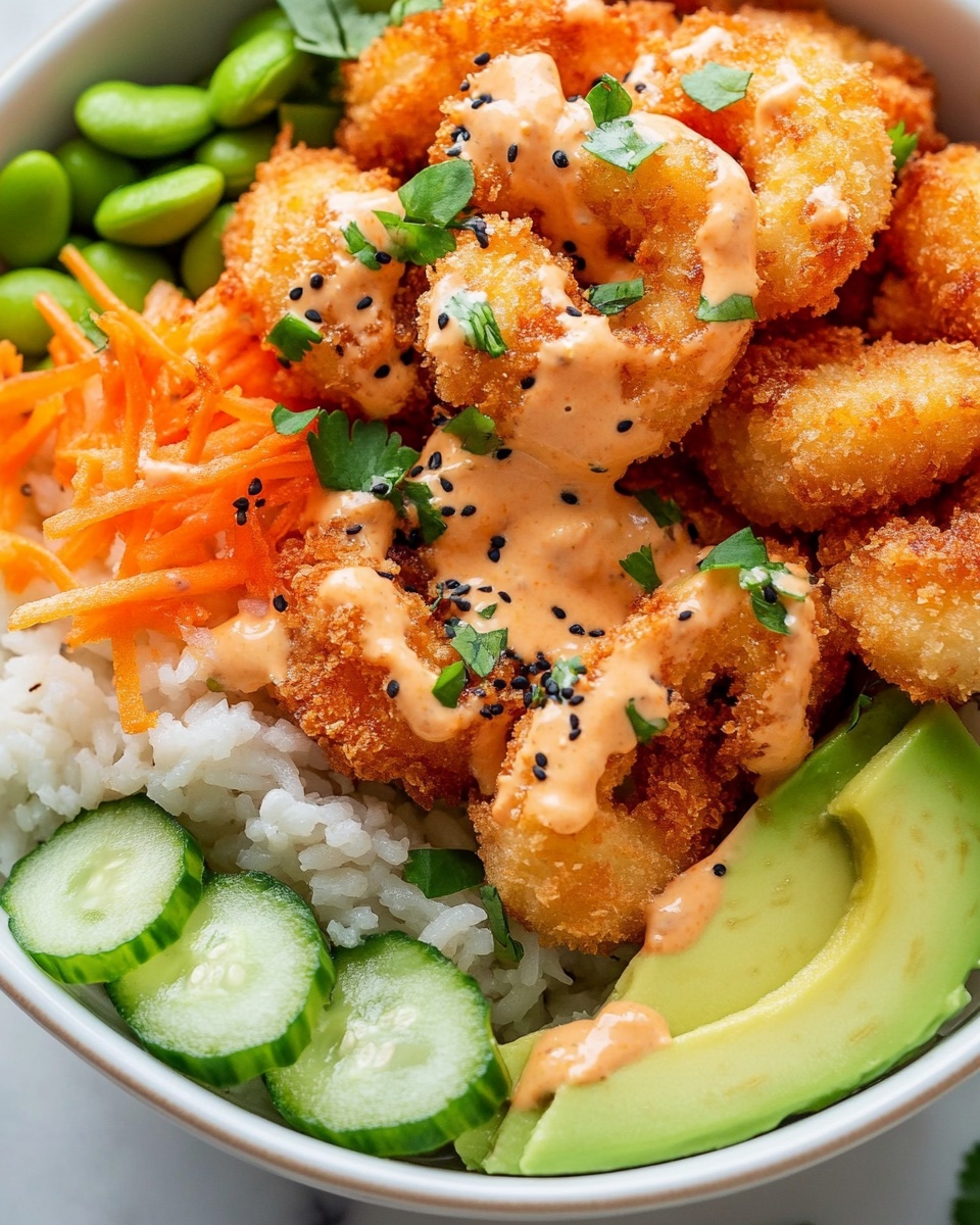 Bang Bang Shrimp Rice Bowl, crispy shrimp bowl, spicy sweet shrimp recipe, quick weeknight dinner, healthy shrimp rice bowl A white bowl sits on a white marbled surface, filled with layers of white rice at the bottom, topped with golden-brown crispy fried shrimp drizzled with a creamy orange sauce. On one side, thin slices of bright green cucumber and orange shredded carrots are arranged next to small green edamame beans. A halved avocado with light green flesh sprinkled with black pepper and fresh green herbs rests on the edge. Garnishes of chopped green herbs and green onion slices add freshness to the dish. Nearby are small glass bowls containing lime wedges, green onion slices, and a creamy sauce.