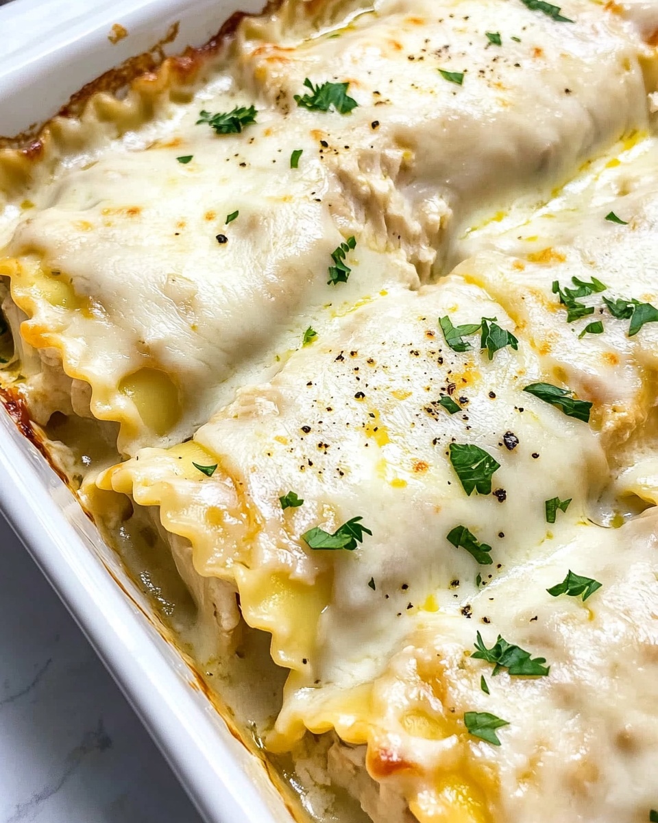Chicken Alfredo Lasagna Rolls, Alfredo Lasagna Rolls recipe, creamy chicken pasta rolls, cheesy lasagna rolls, easy chicken Alfredo dinner The image shows a close-up of a white rectangular baking dish filled with creamy ravioli. The ravioli are arranged side by side in one layer, covered with a smooth, white cream sauce that looks rich and thick. The ravioli pasta is light yellow with crinkled edges, and they are sprinkled with small green parsley pieces and thin shreds of white cheese. There is a light dusting of black pepper and tiny red specks over the sauce, adding subtle color contrast. The background surface is a white marbled texture.