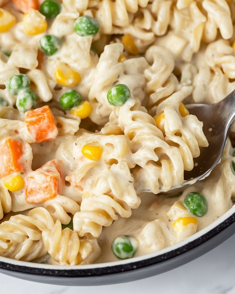 Chicken Pot Pie Pasta, easy creamy chicken pasta, quick comfort food, hearty pasta dishes, homemade dinner ideas This image shows a close-up of a creamy pasta dish in a white bowl placed on a white marbled surface. The dish has three main layers: the bottom layer is made of cooked spiral pasta with a soft, light beige color, the middle layer contains bright green peas, orange carrot slices, and yellow corn kernels scattered evenly throughout, and the top layer is a thick creamy white sauce that covers the pasta and vegetables, giving the dish a smooth and rich texture. A spoon is scooping some of the pasta and vegetables, with the spoon’s surface slightly shiny from the sauce