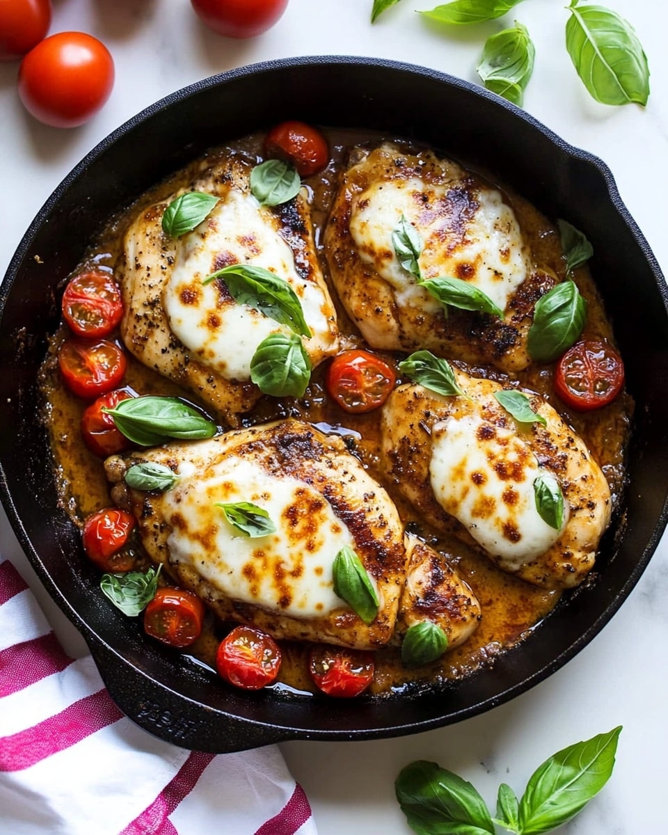 One Pan Balsamic Chicken with Tomatoes and Mozzarella, quick chicken dinner, easy weeknight chicken recipe, healthy chicken sautés, cheesy tomato chicken In a black cast iron pan, four browned chicken pieces are topped with melted white cheese and scattered with bright red halved cherry tomatoes. The chicken rests in a light brown sauce, garnished with fresh green basil leaves spread evenly across the dish. The pan is placed on a white marbled surface with a white cloth and red-striped towel underneath, along with a few fresh tomatoes and basil leaves nearby. The cheese layers slightly melt into the chicken, and the tomatoes add a glossy texture and vibrant contrast across the dish