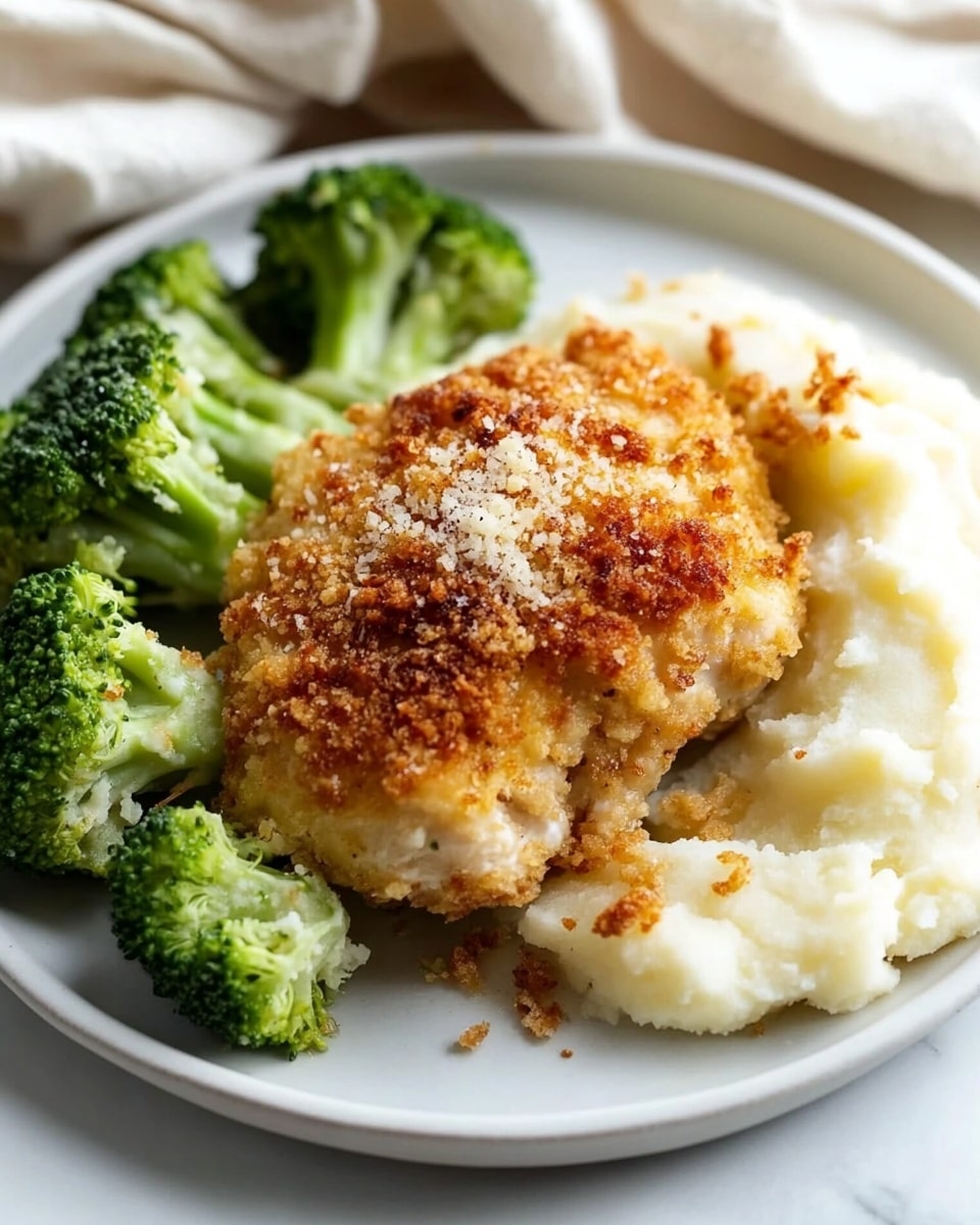 Longhorn Parmesan Crusted Chicken, Copycat Parmesan Chicken, Crispy Chicken with Parmesan, Easy Parmesan Crusted Chicken Recipe, Steakhouse Style Chicken The image shows a white plate with three main parts: on the left, bright green broccoli florets are arranged closely together, their textures soft and natural; below them is a single thick, golden brown fried piece of chicken with a crunchy, coarse breadcrumb coating that looks crispy and crumbly; on the right side of the plate, creamy white mashed potatoes fill the space, with a silver fork resting on top, digging into the potatoes slightly. The plate sits on a white marbled surface, and a soft cream-colored cloth is partly visible in the upper left corner.